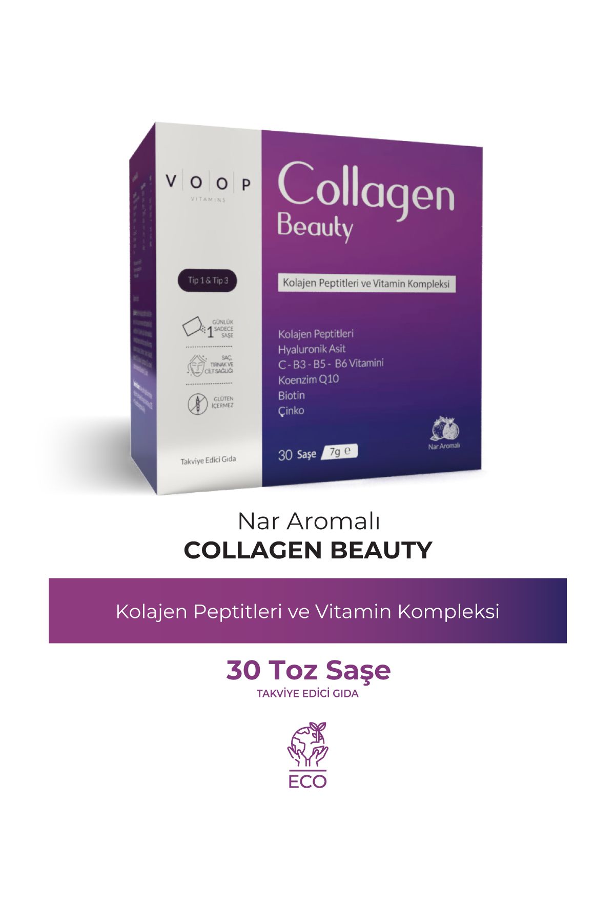 VOOP Collagen Beauty Nar Aromalı Saşe Tip 1 Ve Tip 3 - 5500 Mg 30x7 gr | Hyaluronic Asit Q10 Biotin Çinko