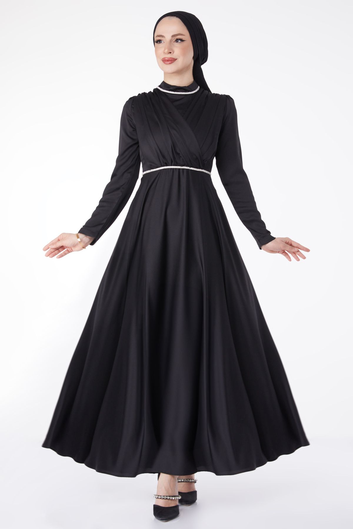 TOFİSA Düz Hakim Yaka Kadın Siyah Pile Detaylı Abiye Elbise - 24900