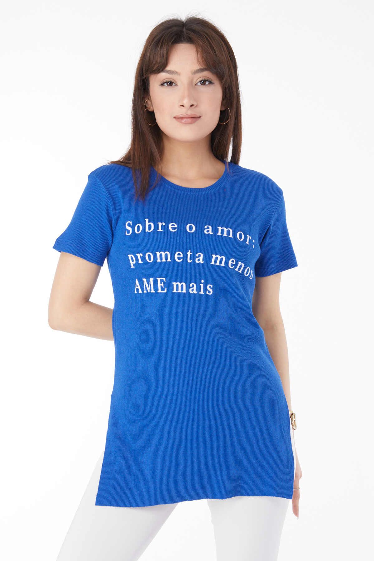 TOFİSA Düz Bisiklet Yaka Kadın Mavi Baskılı Yırtmaçlı T-shirt - 24792
