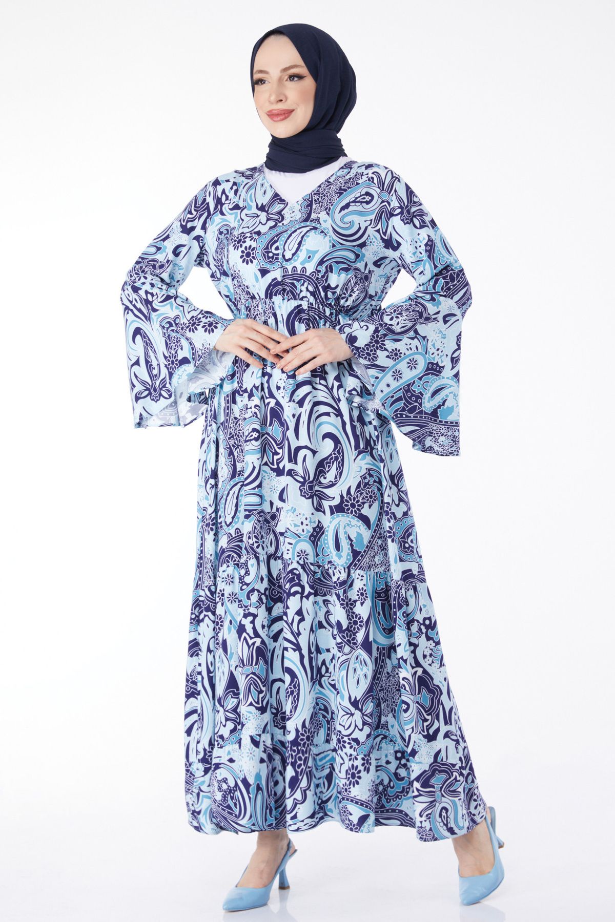 TOFİSA Düz Orta Kadın Mavi V Yaka Uzun Kollu Elbise - 24627