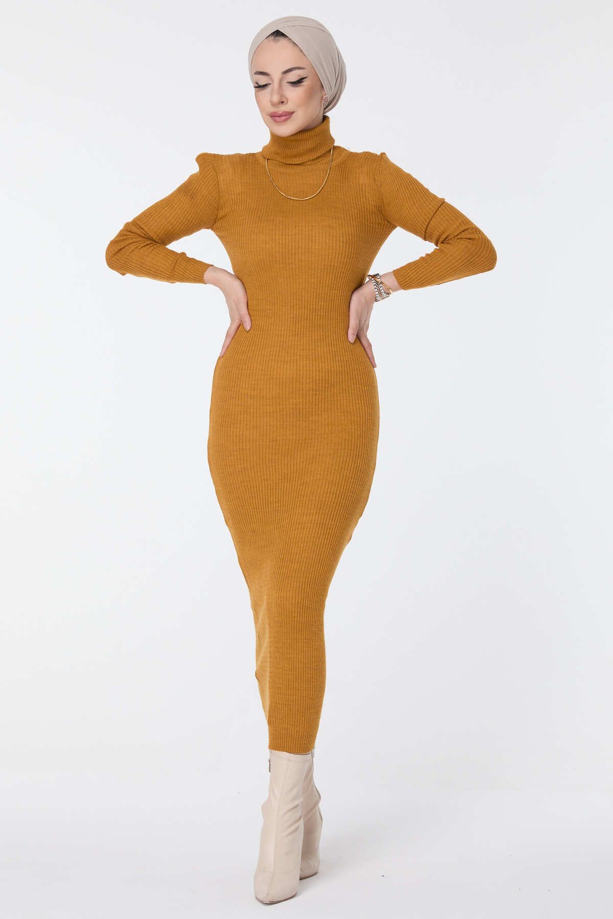 TOFİSA Düz Balıkcı Yaka Kadın Sarı Triko Elbise - 23638
