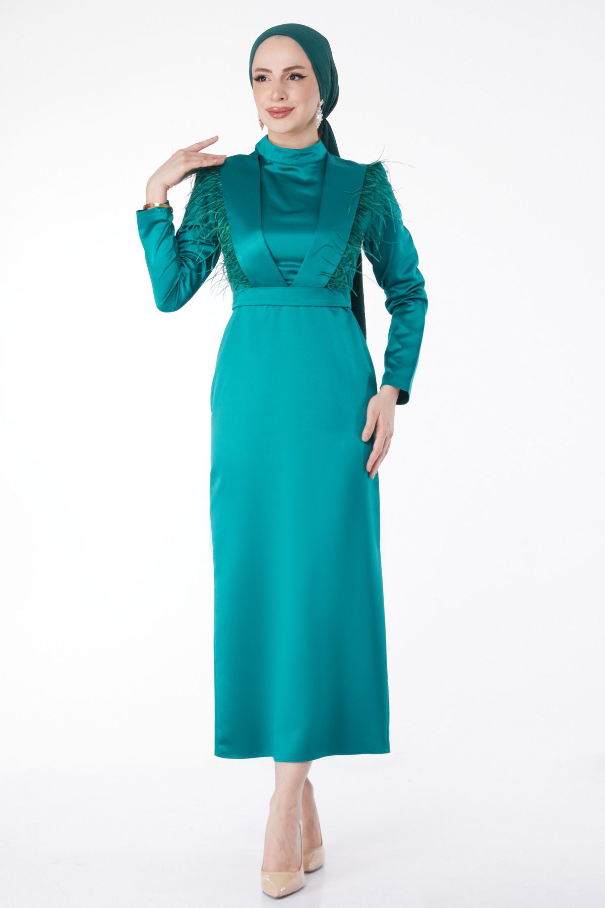 TOFİSA Düz Hakim Yaka Kadın Yeşil Püskül Detaylı Abiye Elbise - 24899