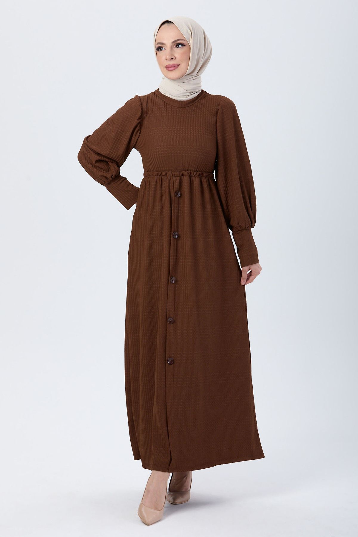 TOFİSA Düz Hakim Yaka Kadın Kahverengi Elbise - 24112