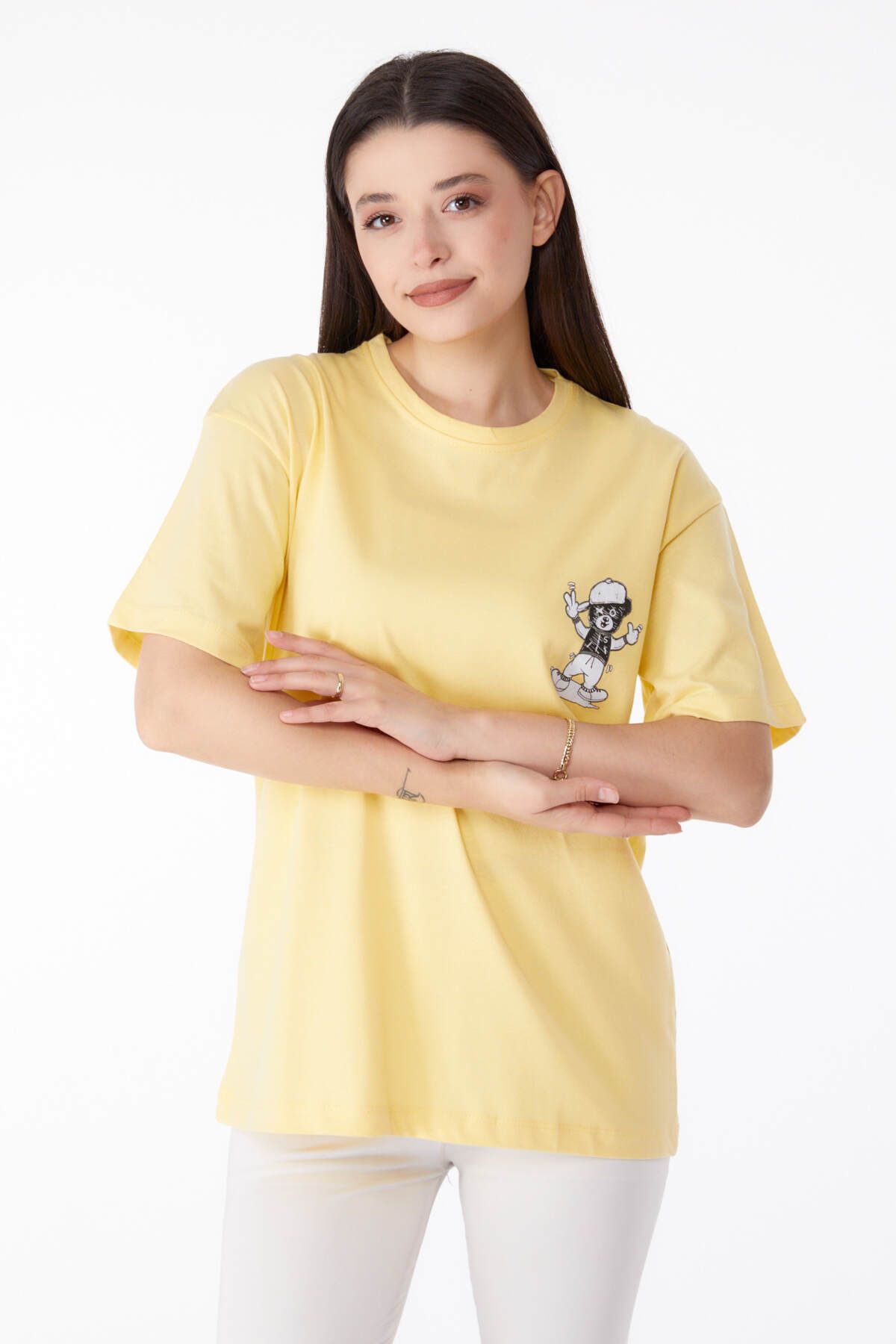 TOFİSA Düz Bisiklet Yaka Kadın Sarı Baskılı T-shirt - 25287