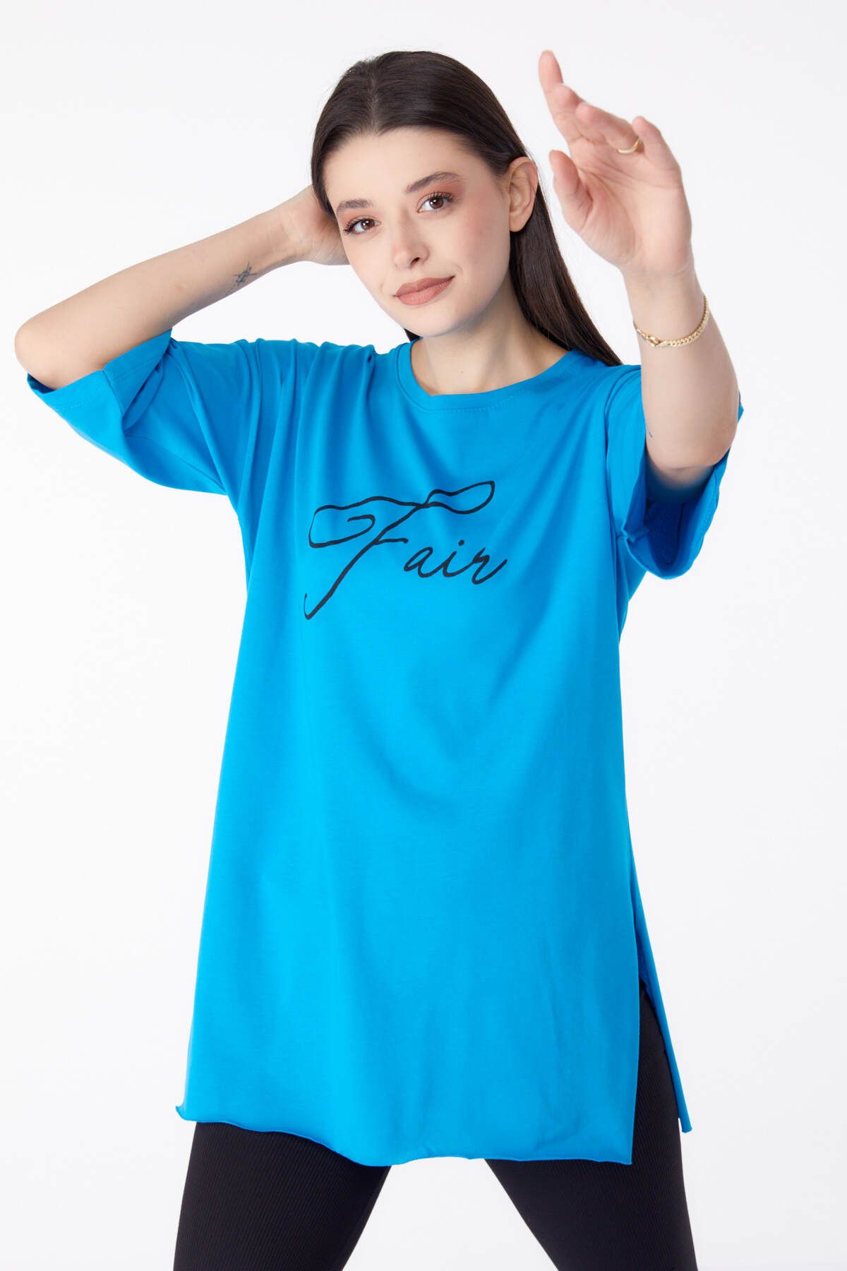 TOFİSA Düz Bisiklet Yaka Kadın Mavi Baskılı T-shirt - 25290