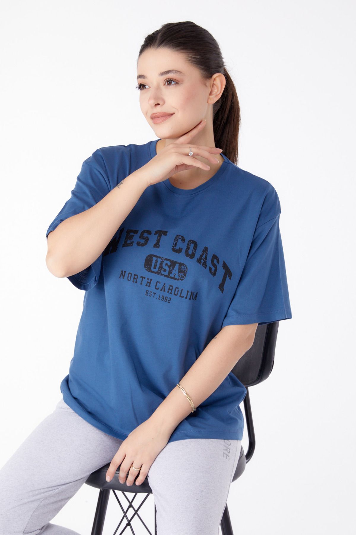 TOFİSA Düz Bisiklet Yaka Kadın Mavi Baskılı Kısa Kollu T-Shirt  - 25391