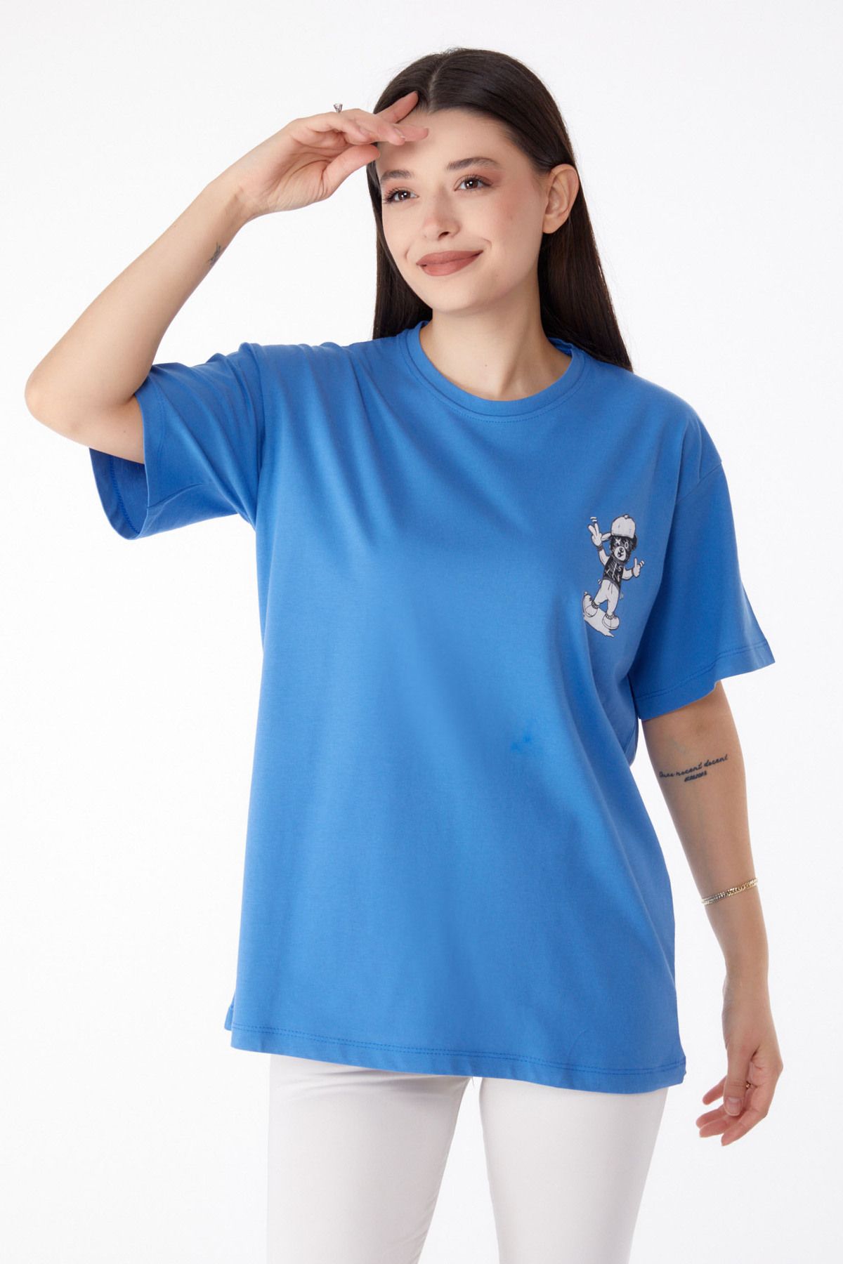 TOFİSA Düz Bisiklet Yaka Kadın Mavi Baskılı T-shirt - 25287