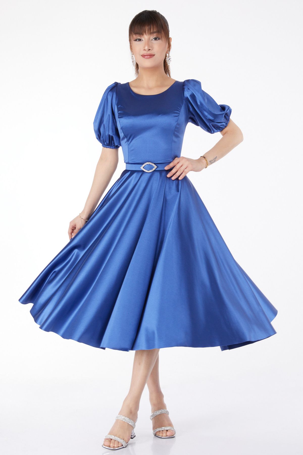 TOFİSA Düz Orta Kadın Mavi Kollu Lastikli Kermli Elbise - 25102