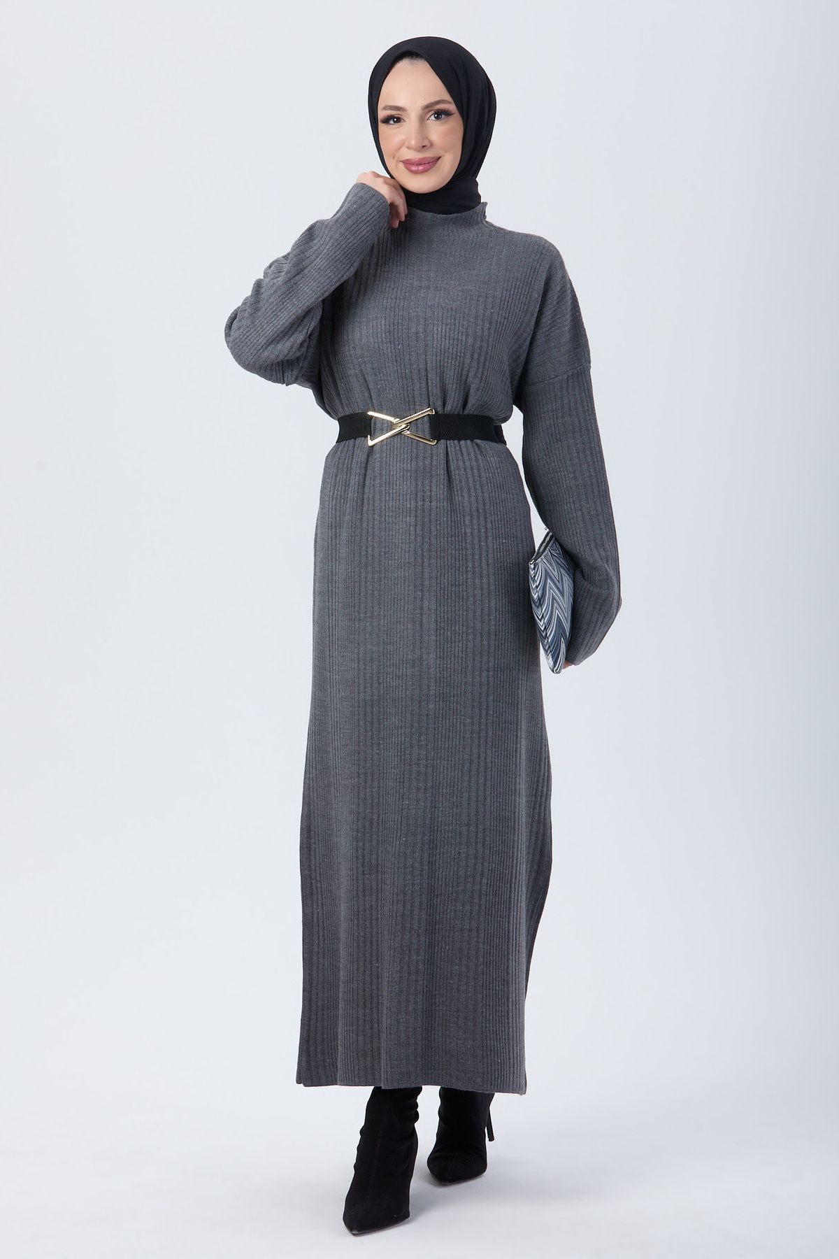 TOFİSA Düz Yarım Balıkçı Yaka Kadın Antrasit Triko Elbise - 24119