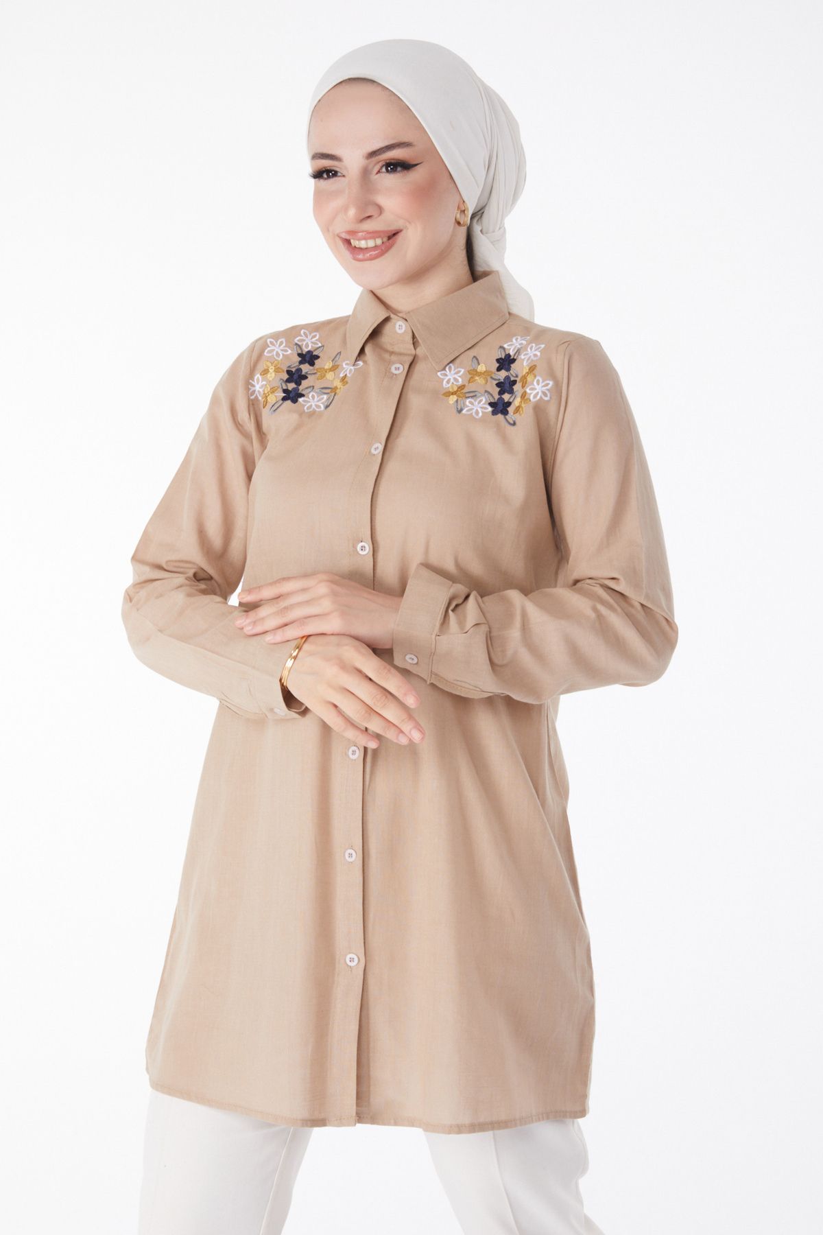 TOFİSA Düz Gömlek Yaka Kadın Vizon Nakışlı Gömlek - 13167