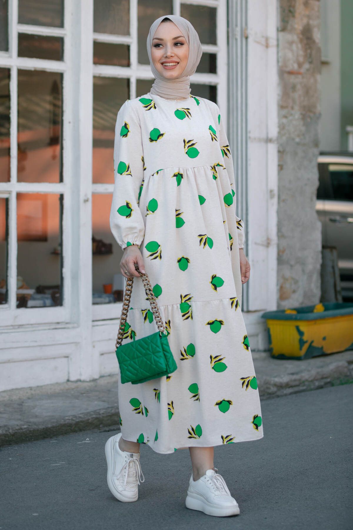 TOFİSA Düz Orta Kadın Yeşil Keten Elbise - 8884