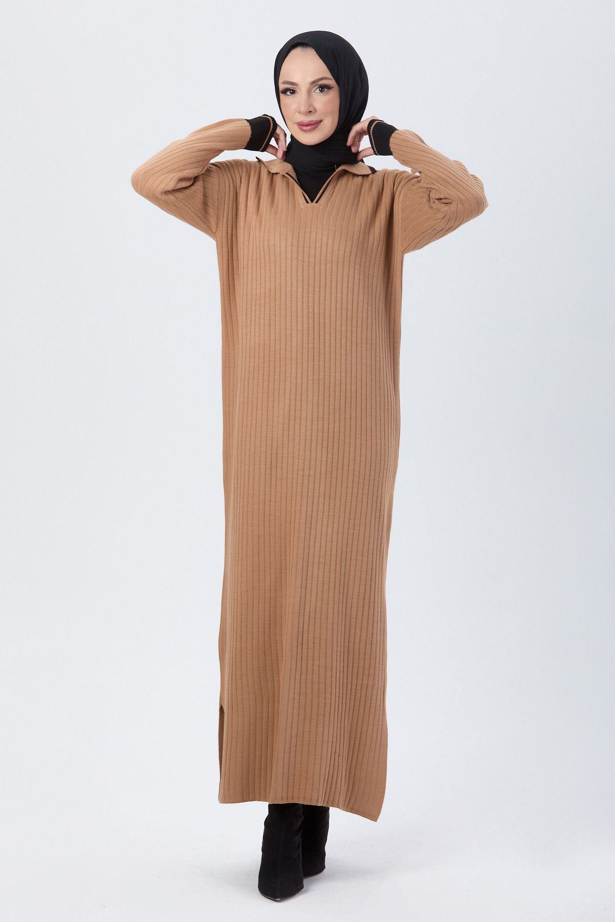 TOFİSA Düz Gömlek Yaka Kadın Taba Triko Elbise - 24117