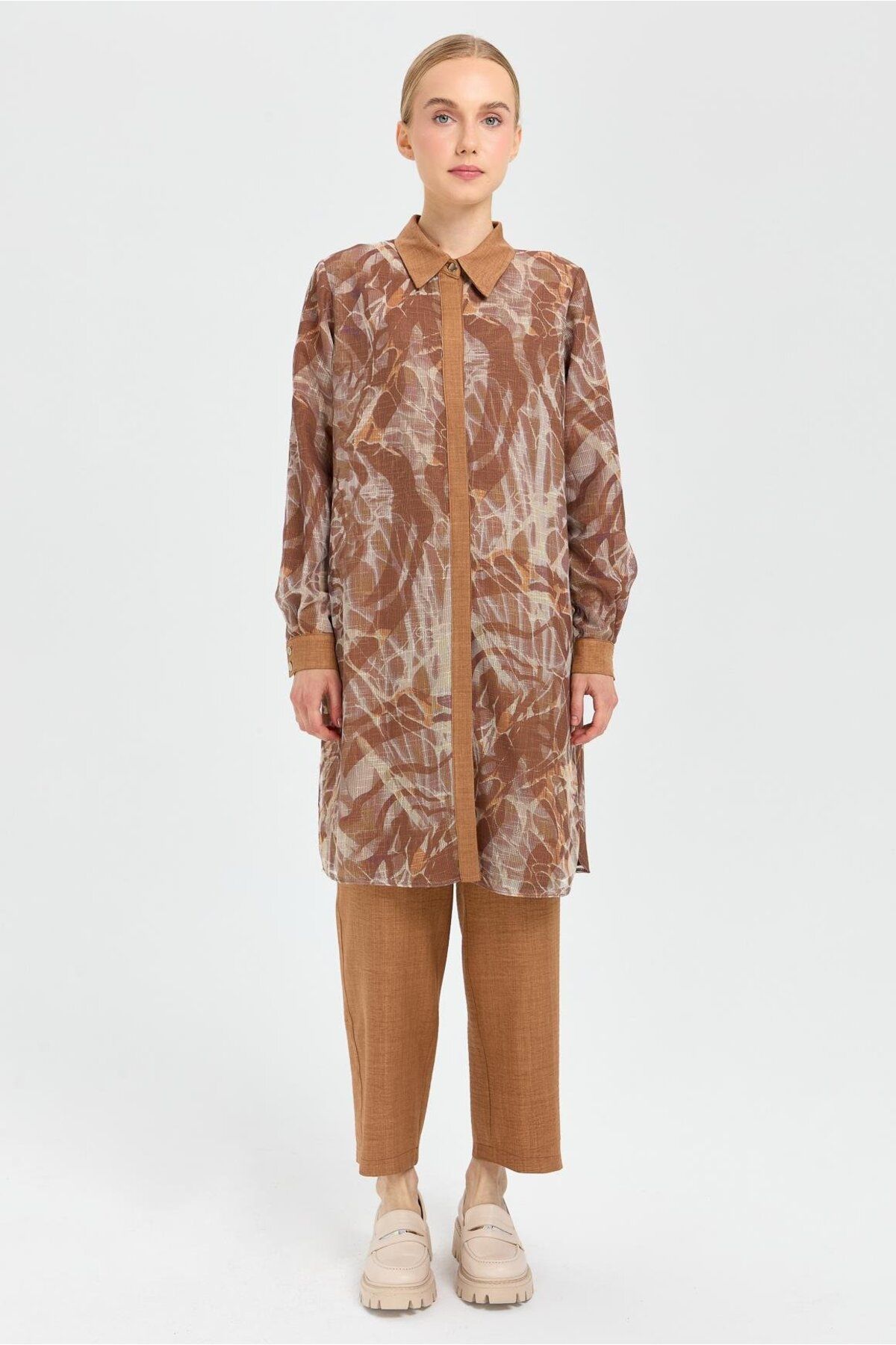 Esswaap Desenli File Kumaş Tunik Pantolon Takım  Camel
