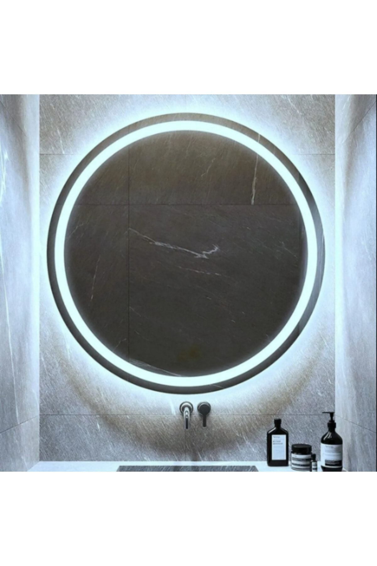 Narkissos Dizayn 80 cm Kumlamalı Beyaz Ledli Yuvarlak Banyo Aynası/ Makyaj Aynası/ Trafolu