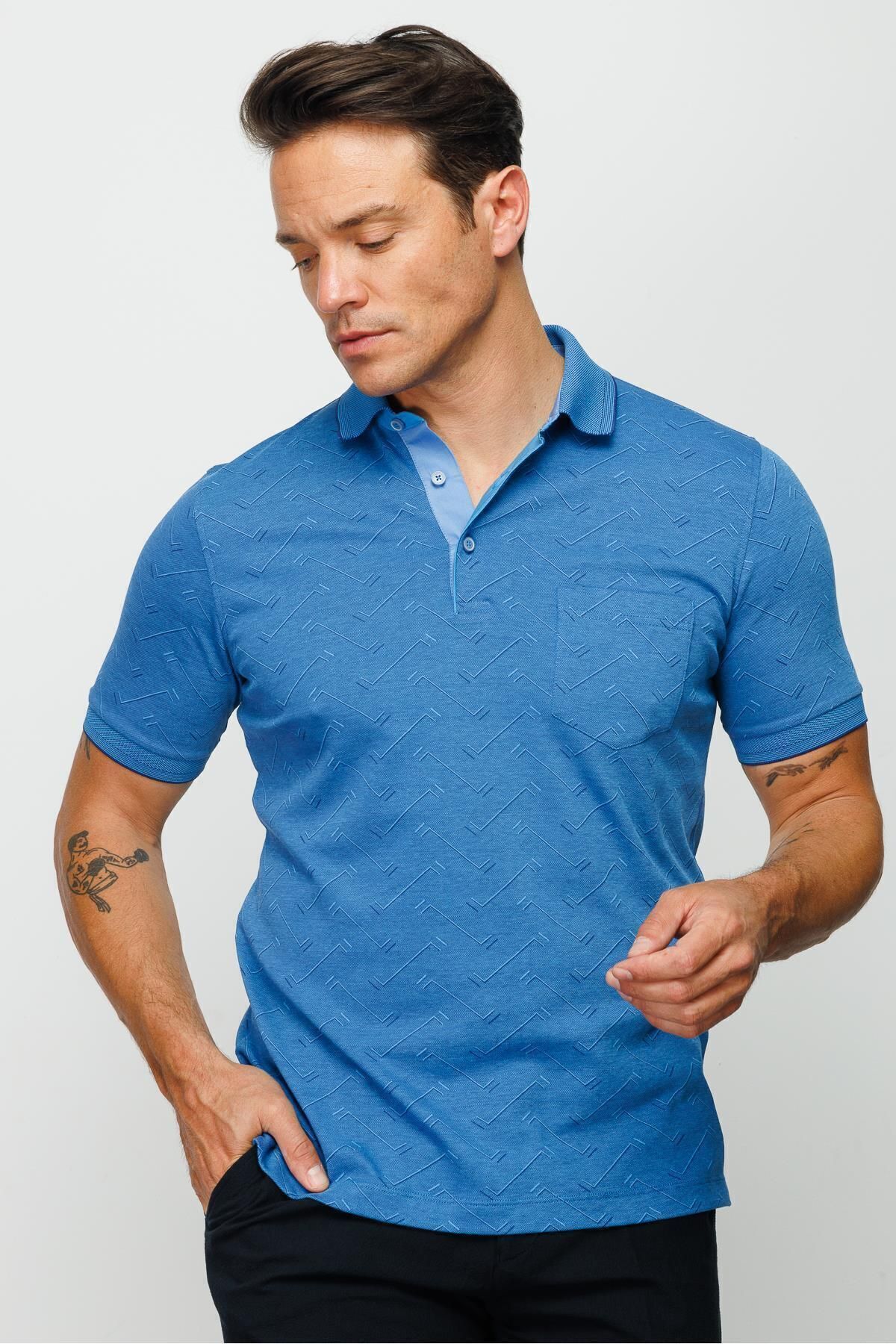 Desen Triko Erkek Polo Yaka Jakarlı Düğmeli T-shirt Saks