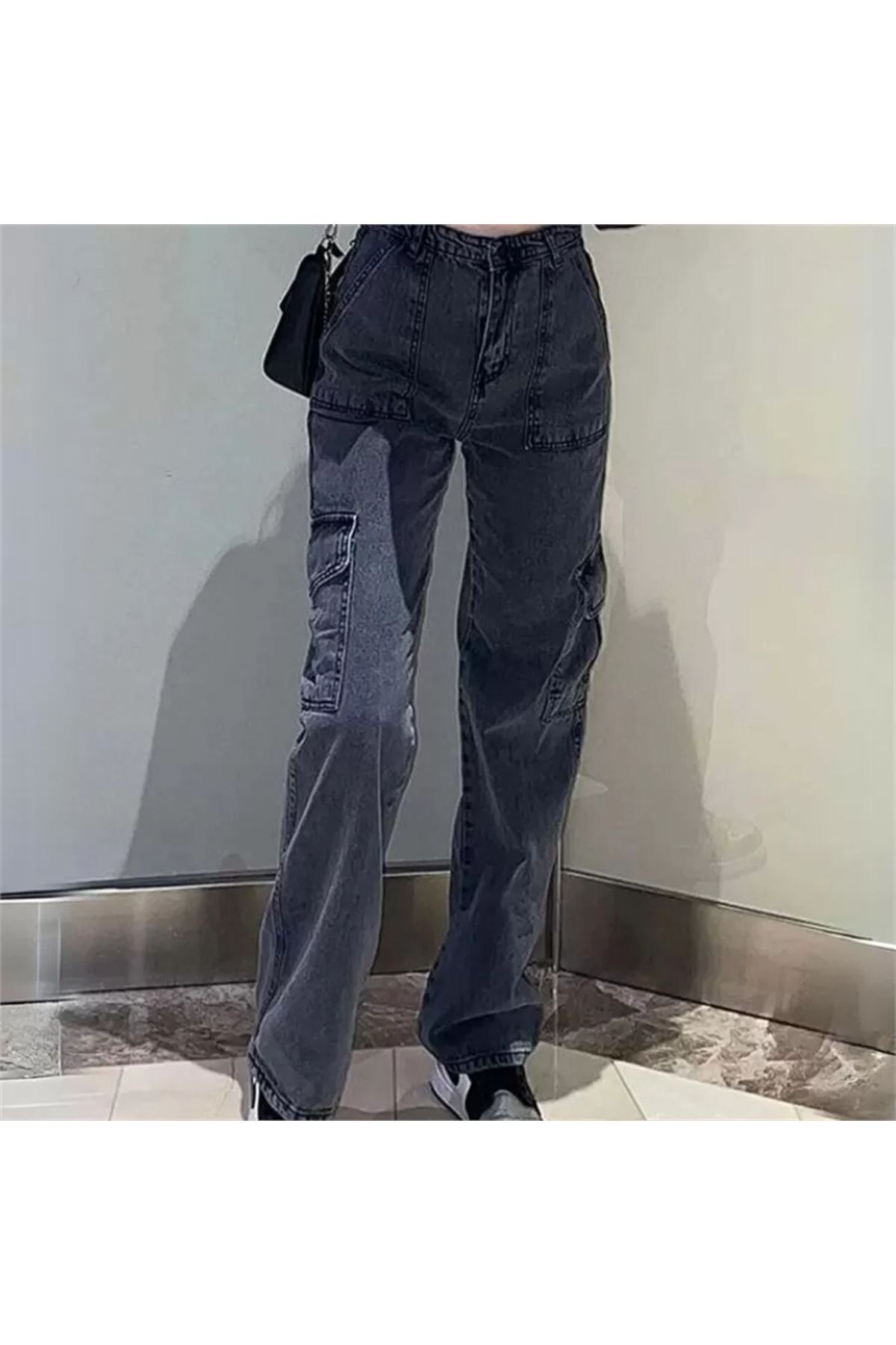 Köstebek Siyah Kargo Cepli Vintage Kot Pantolon