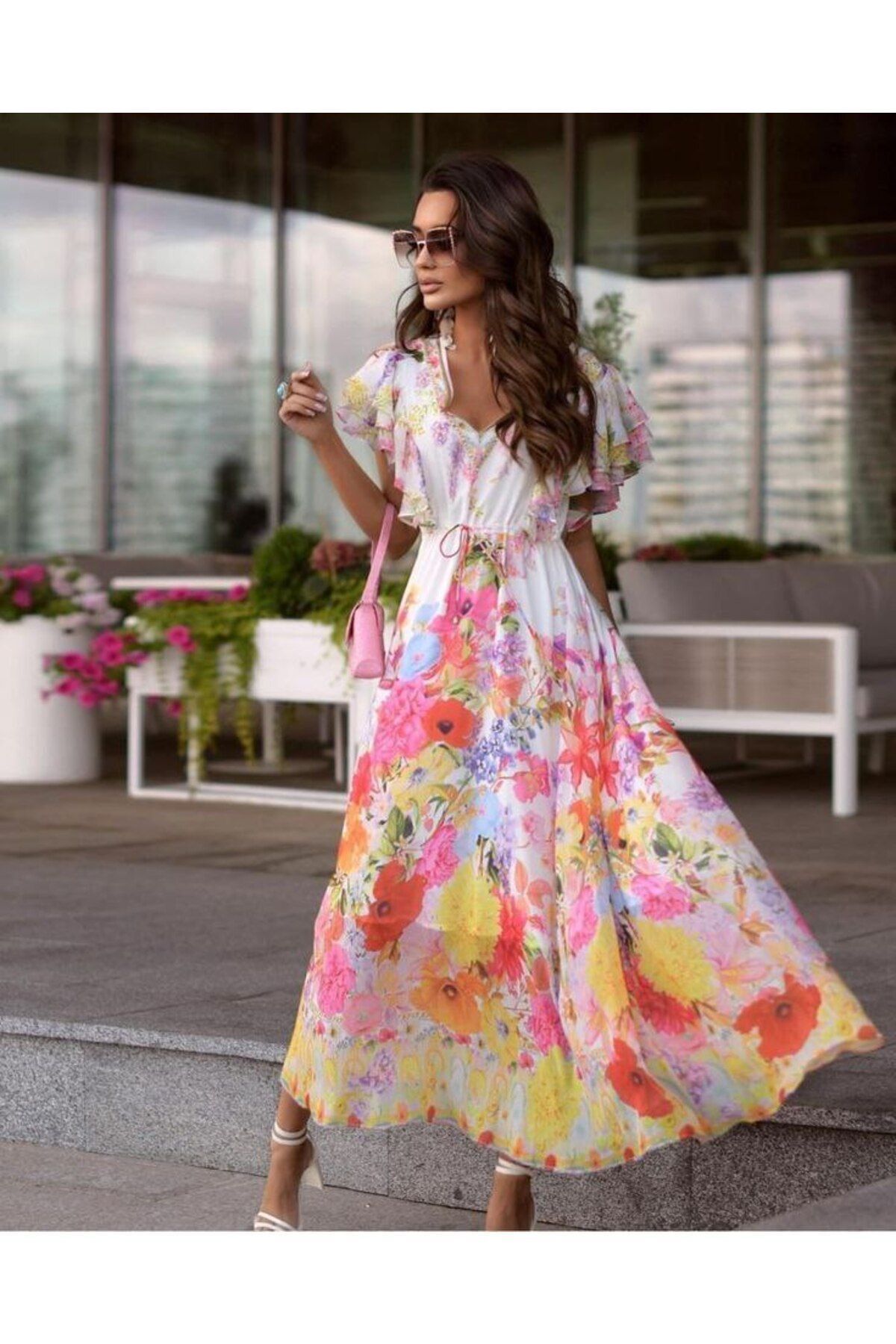 BİKELİFE Kadın Çiçek Desenli Beli Bağlamalı Kolu Fırfır Detaylı Şifon Elbise