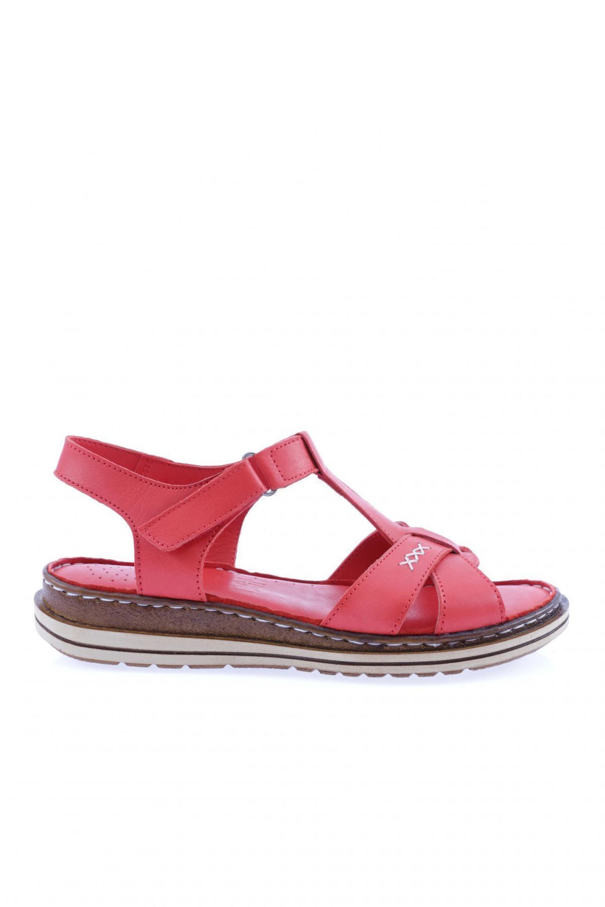 Dgn X002-23y Kadın Çapraz Bantlı Cırtlı Sandalet Hakiki Deri Kırmızı