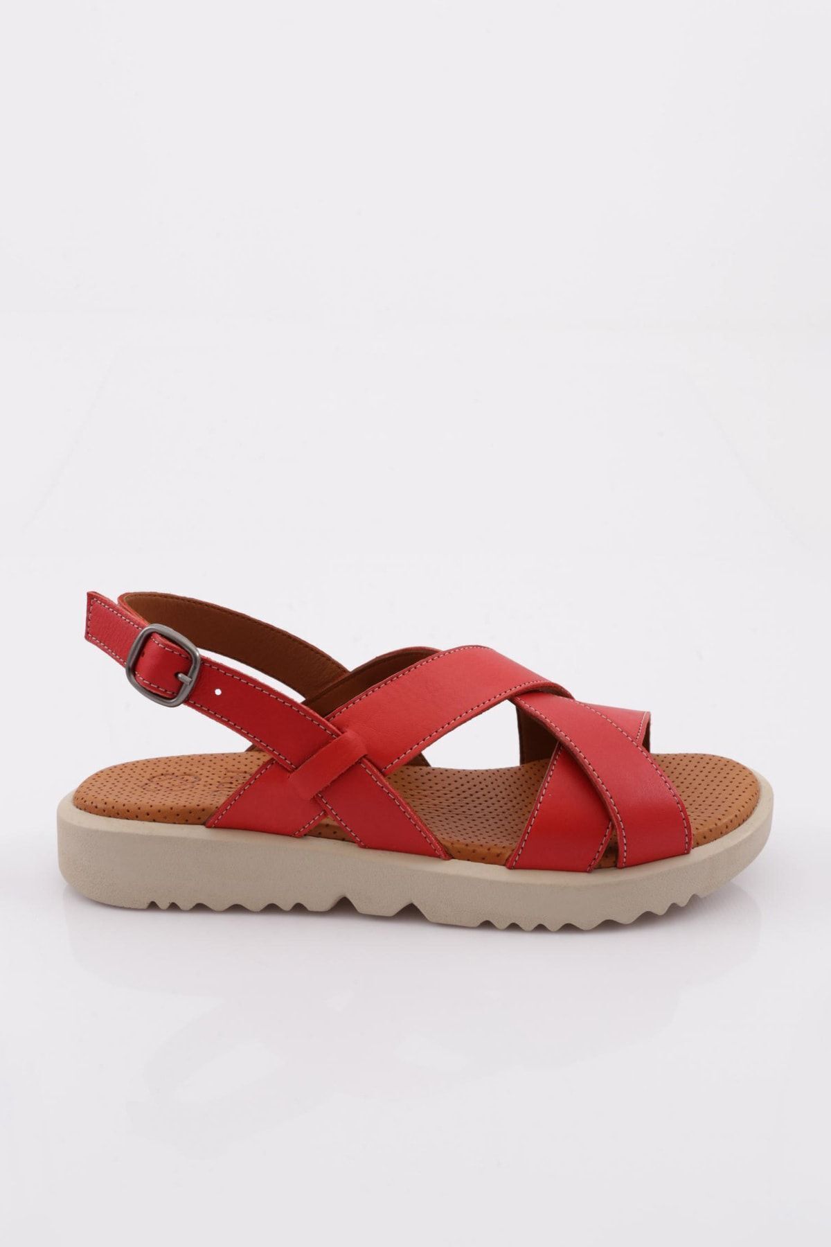 Dgn 3034 Kadın Bilekten Bağlamalı Çapraz Bantlı Sandalet Hakiki Deri Kırmızı