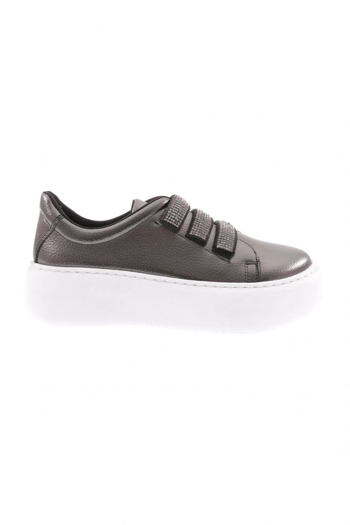 Dgn Metalik - 878-23y Kadın Cırtlı Bantlari Silver Taşlı Sneaker Ayakkabı Platin Rolax