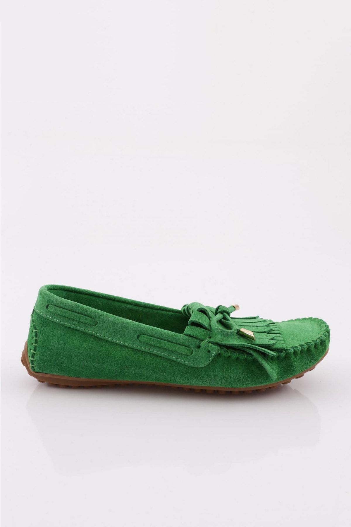 Dgn Kadın Püskül Detaylı Loafer Ayakkabı Yeşil Süet Hakiki Deri