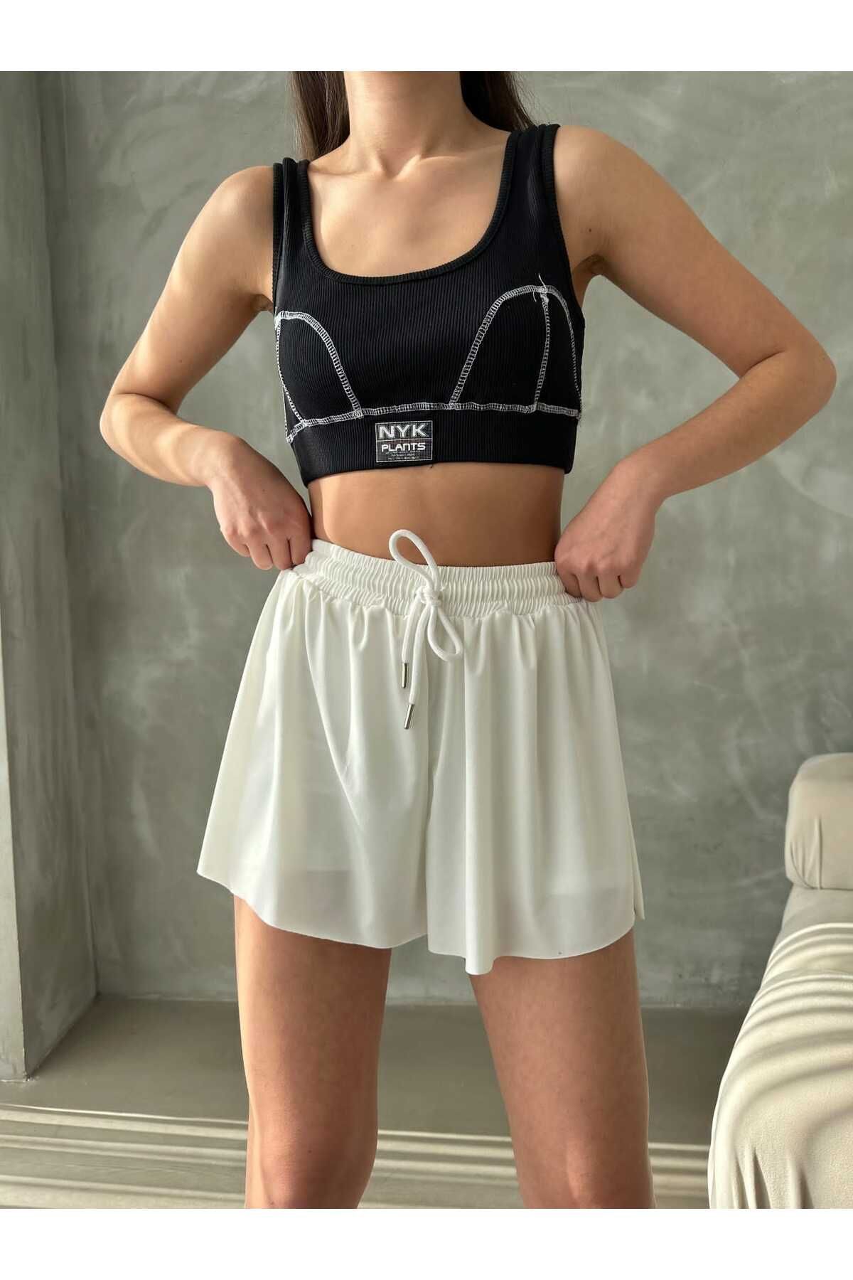 ubmbutik Kadın Şort - Bol Kesim Çift Kat - Taytlı Spor Şort - Pileli Basic Bağcıklı Şort
