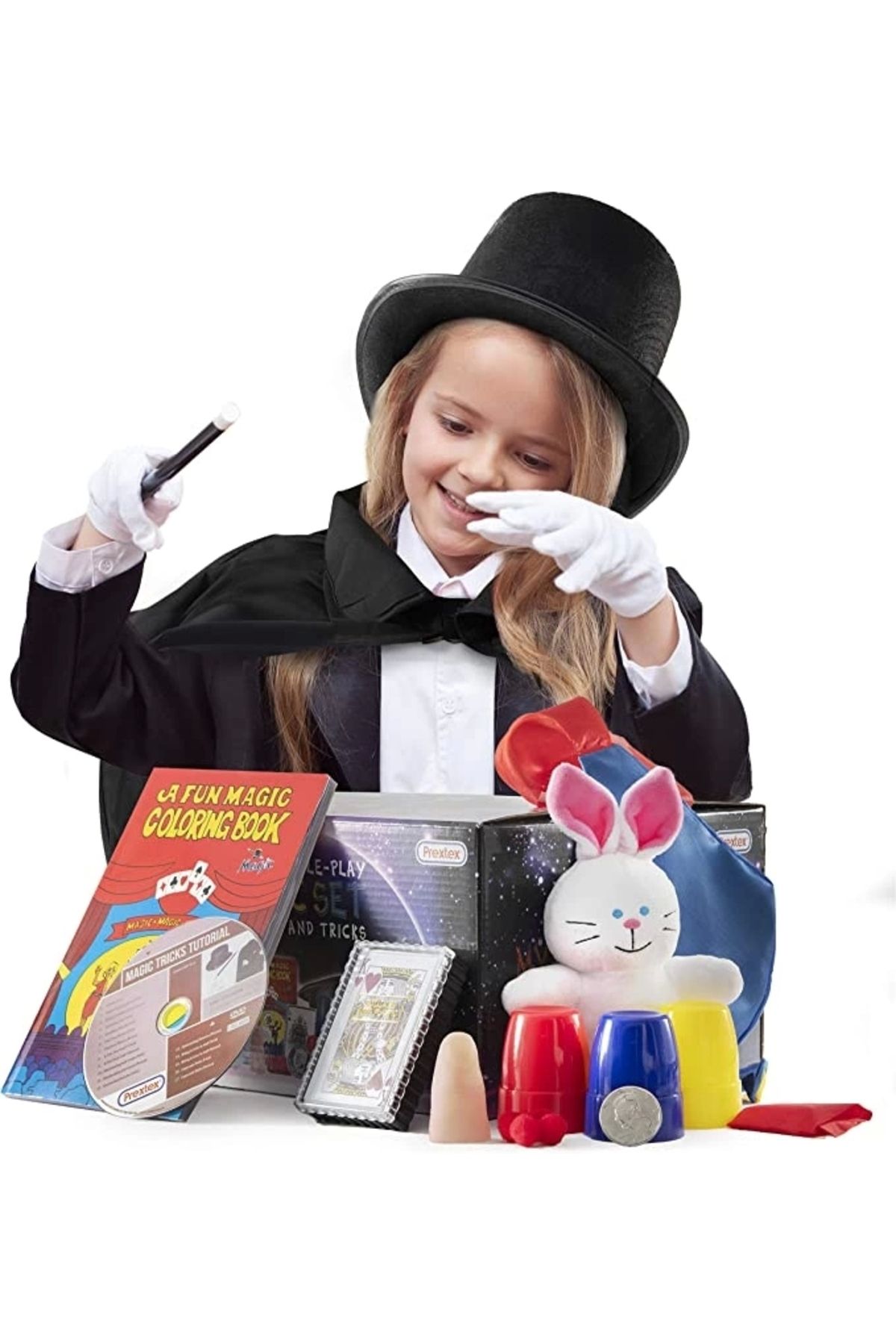 Genel Markalar Çocuk Boy Siyah Sihirbaz Pelerini Siyah Sihirbaz Şapkası Ve 7 Parça Sihirbazlık Oyunları