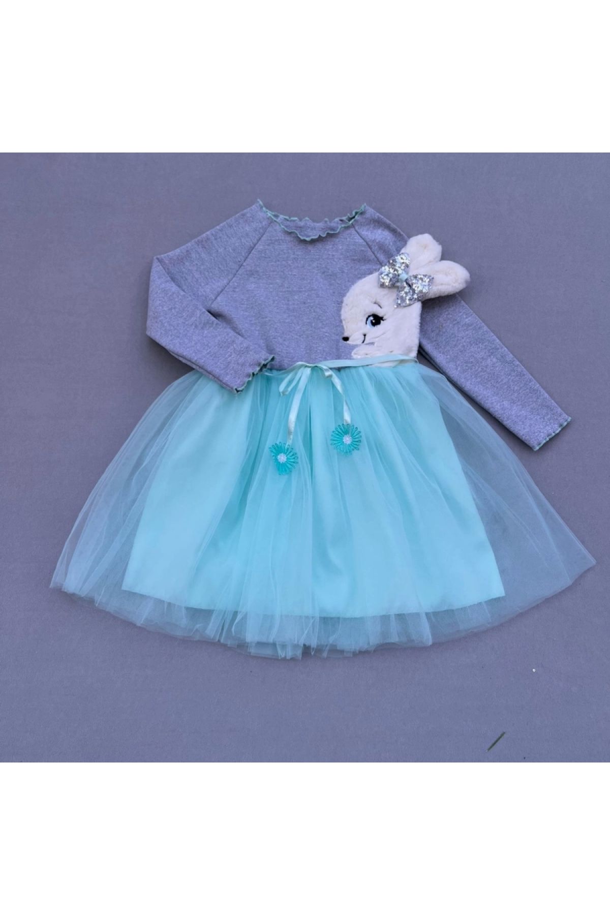 Narnuga Pelüş Tavşan Desenli Kurdela Kuşaklı Astarlı Kız Çocuk Tütü Elbise