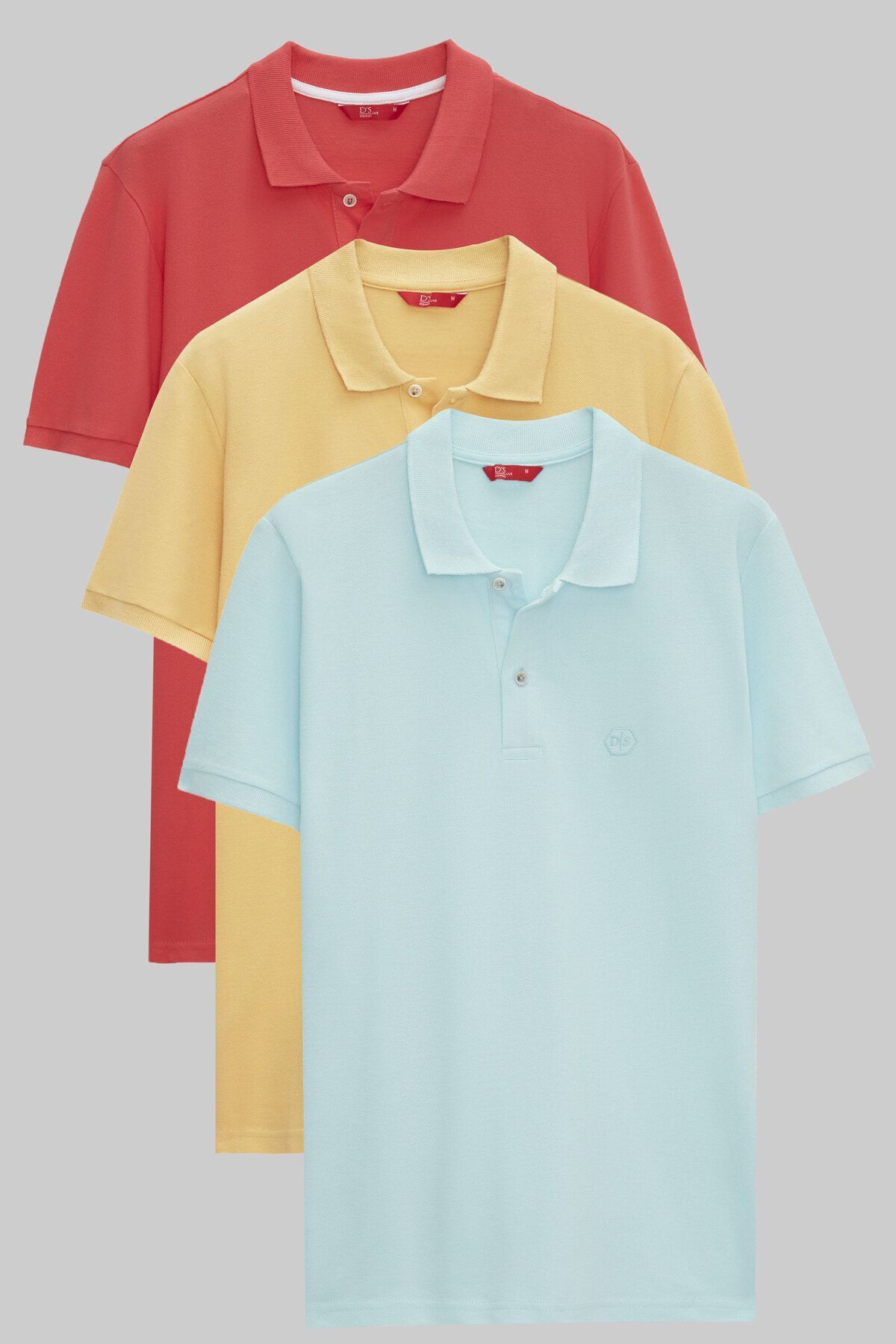 D'S Damat Regular Fit Flamingo/açık Sarı/turkaz Pike Dokulu %100 Pamuk Polo Yaka T-shirt