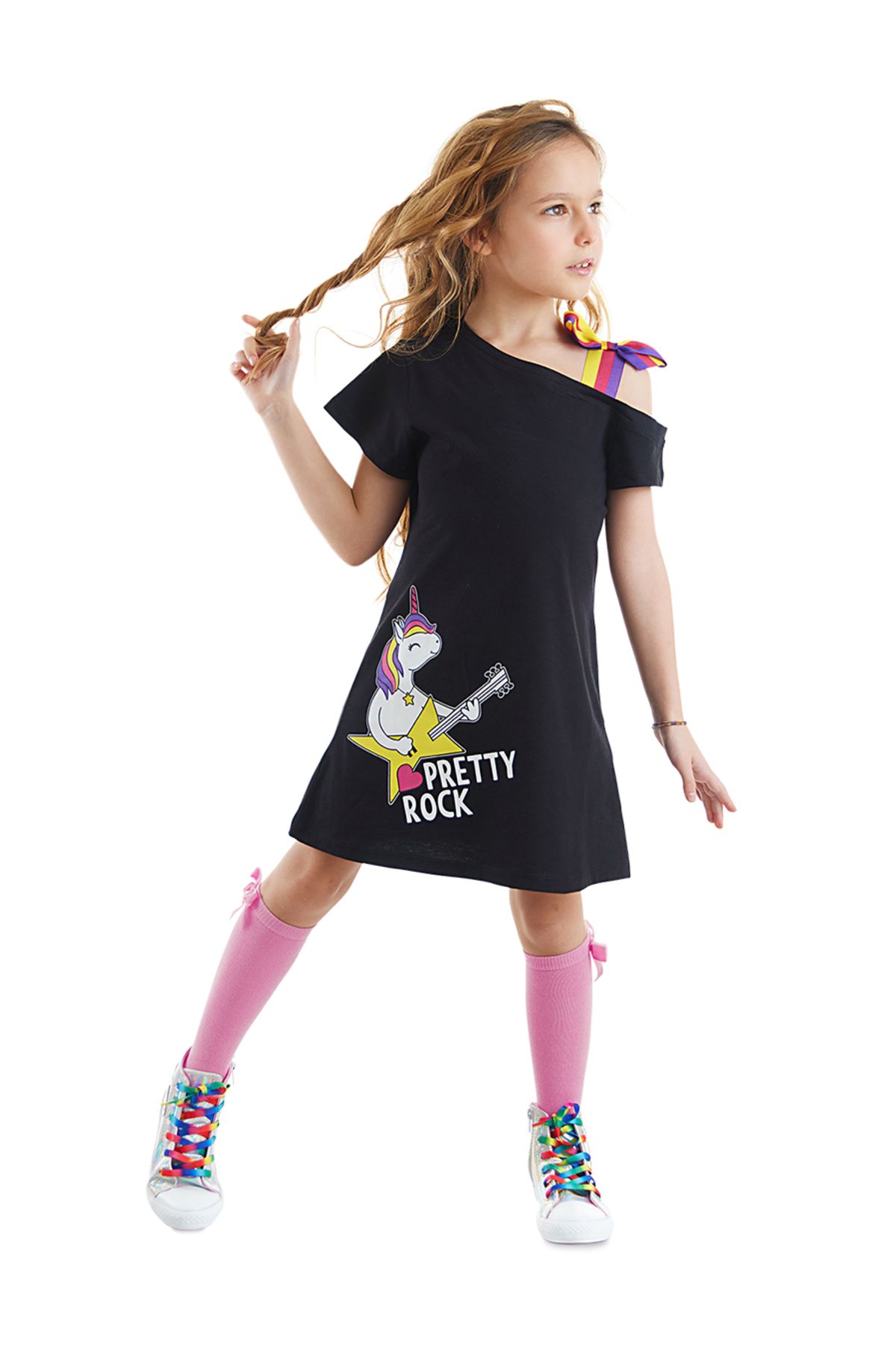MSHB&G Unicorn Rock Kız Çocuk Siyah Yazlık Penye Elbise