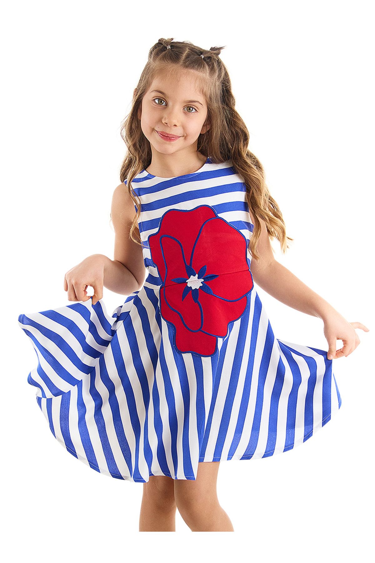 MSHB&G Çizgili Gelincik Dokuma Çiçekli Kız Çocuk Mavi Yazlık Elbise