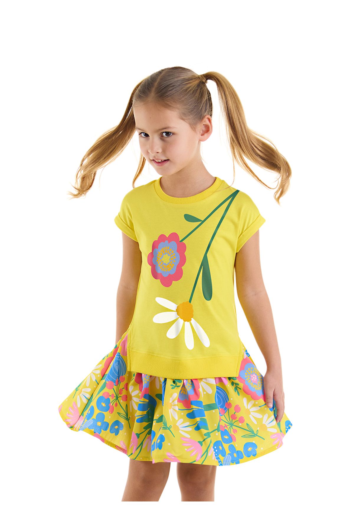 MSHB&G Sarı Çiçekli Papatyalı Kız Çocuk Fırfırlı Yazlık Elbise