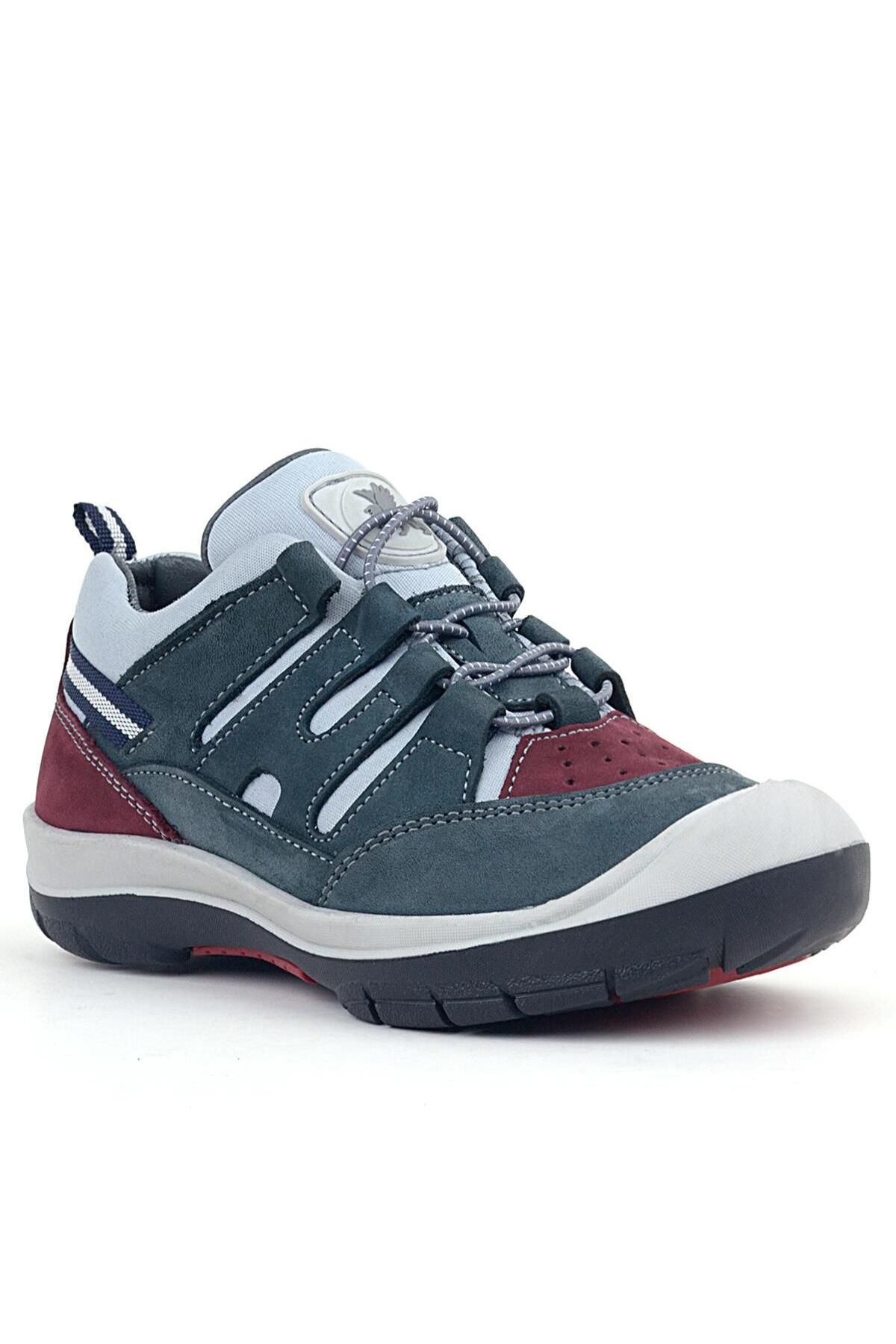 Rakerplus Hakiki Deri Gri Bordo Lastik Bağcıklı Çocuk Outdoor Ayakkabı