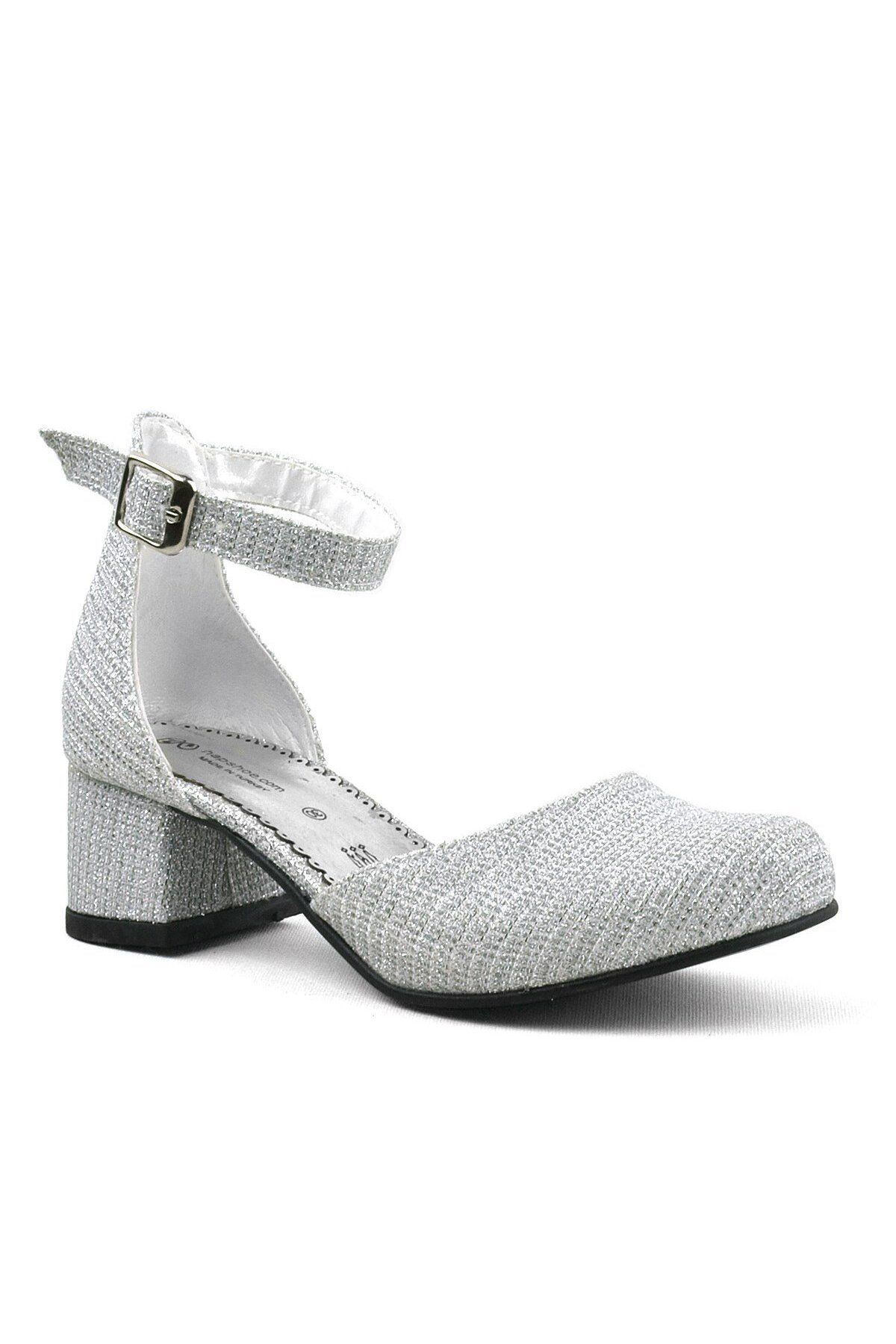 hapshoe Merida Gümüş Simli Kalın Topuklu Kız Çocuk Topuklu Ayakkabı