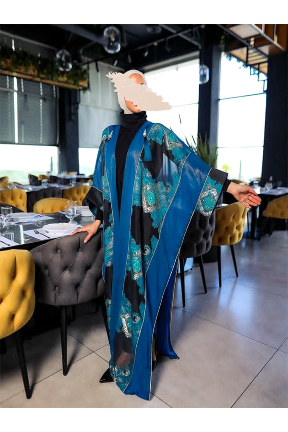 fiore fashion Mavi Kaftan Abaya Takımı Kaftan Islam Ferace , Bisht 38-46 Bedene Uygundur Büyük Beden Giysi