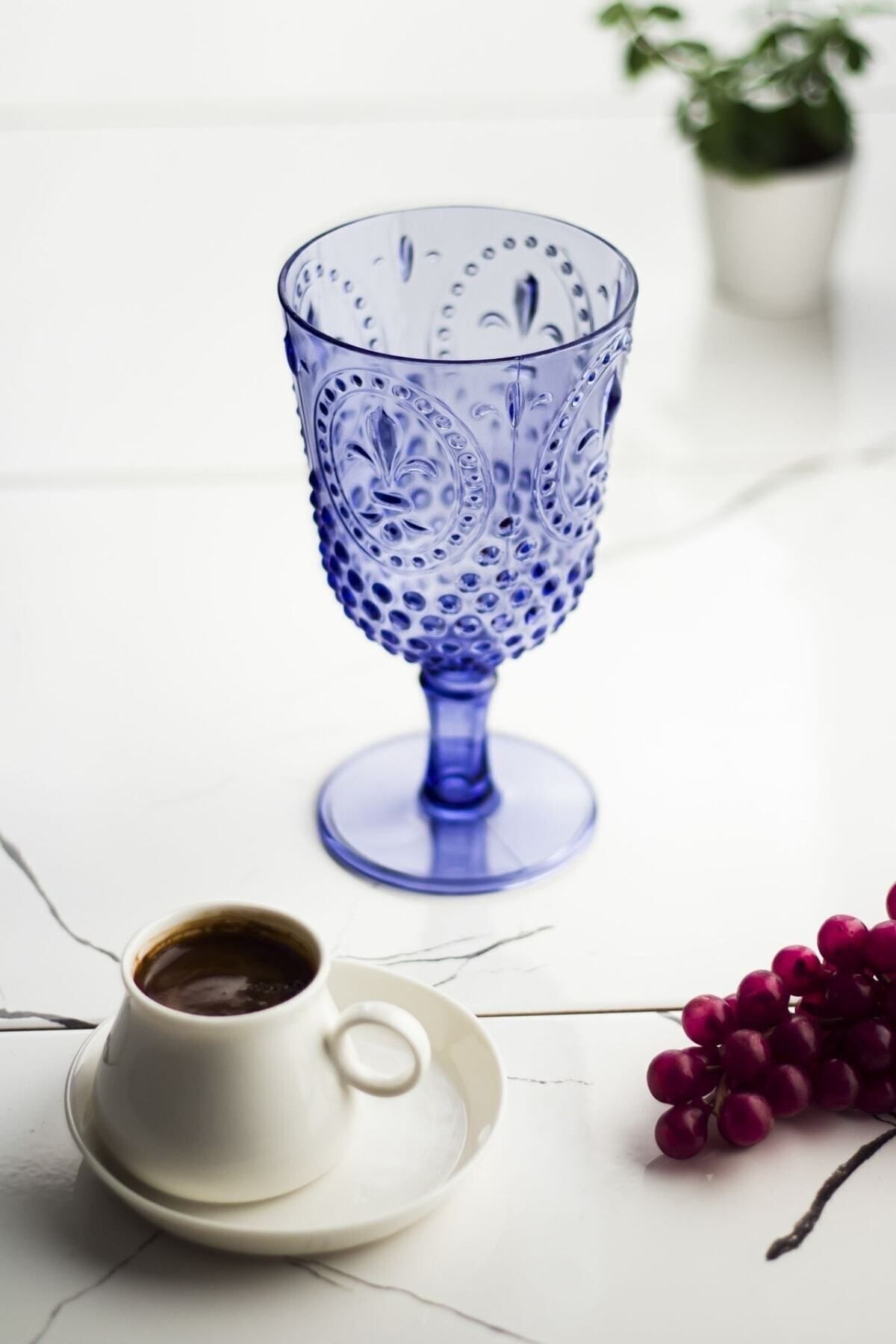 EWs Akrilik Mavi Tekli Kadeh & Su Meşrubat Kahve Yanı Bardağı 450 ml ( Cam Değildir )