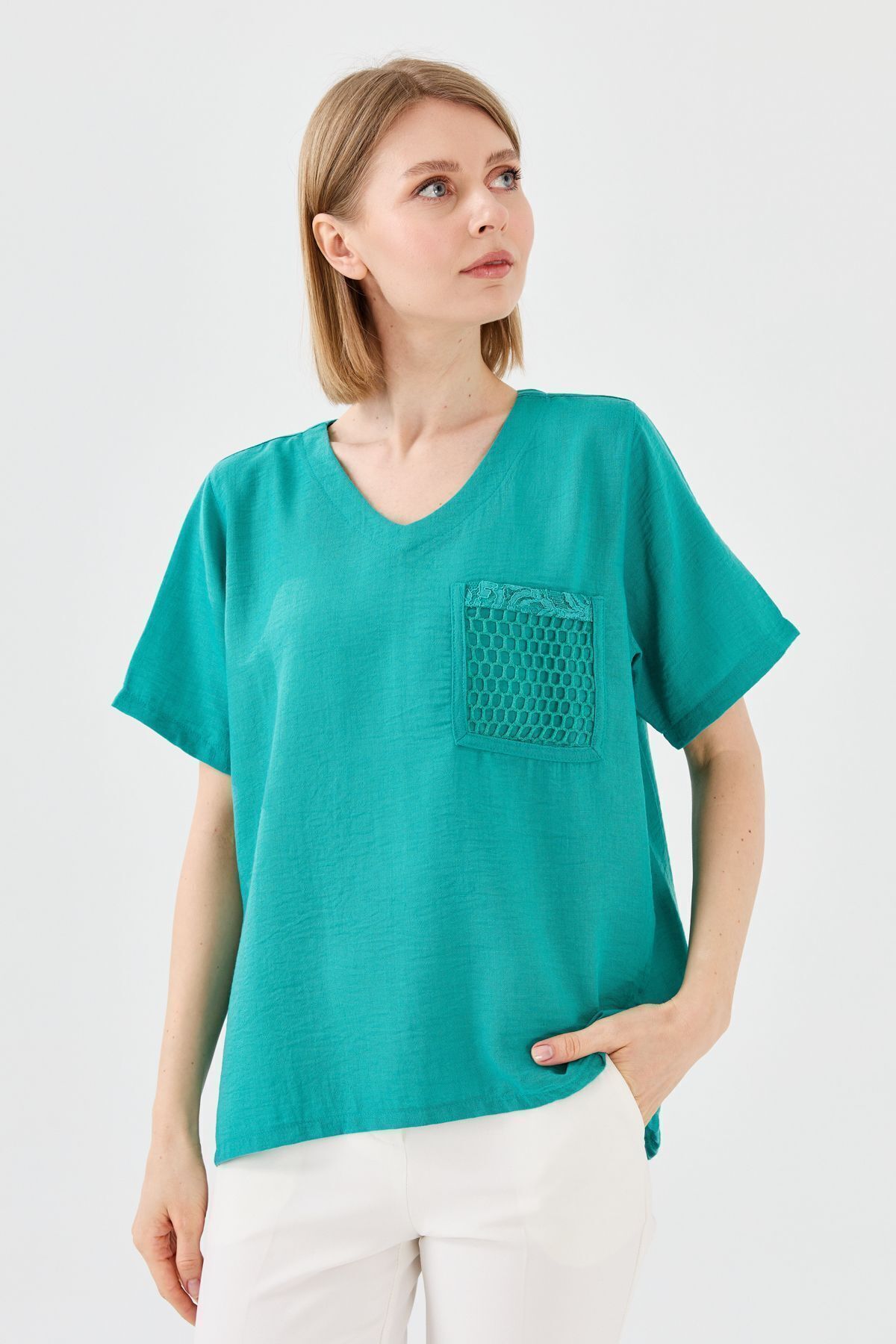 Desen Triko Kadın V Yaka Cebi File Keten T-shirt Yeşil
