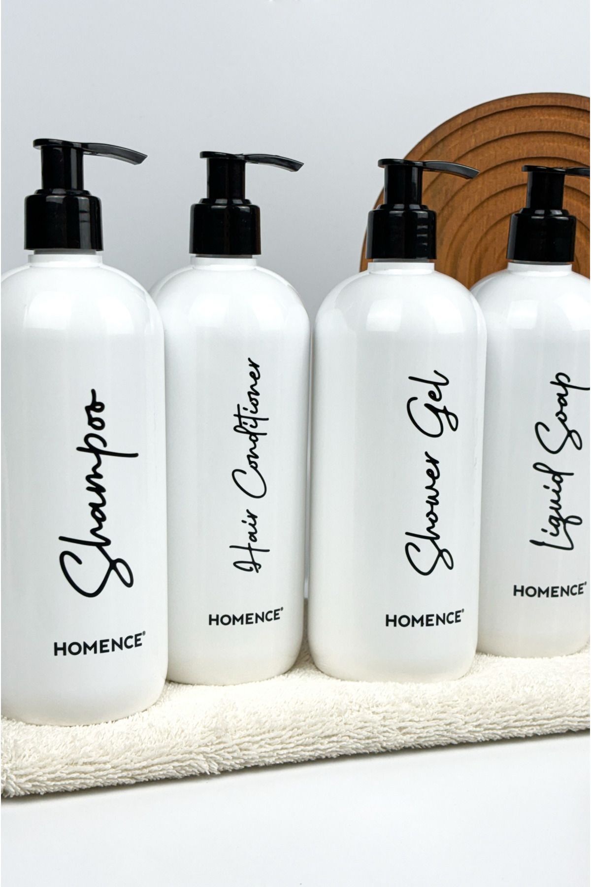 homence Şampuan Duş Jeli Saç Kremi Ve Sıvı Sabun Baskılı Plastik Şişe Banyo Seti 4'lü Beyaz Sabunluk 500 ml