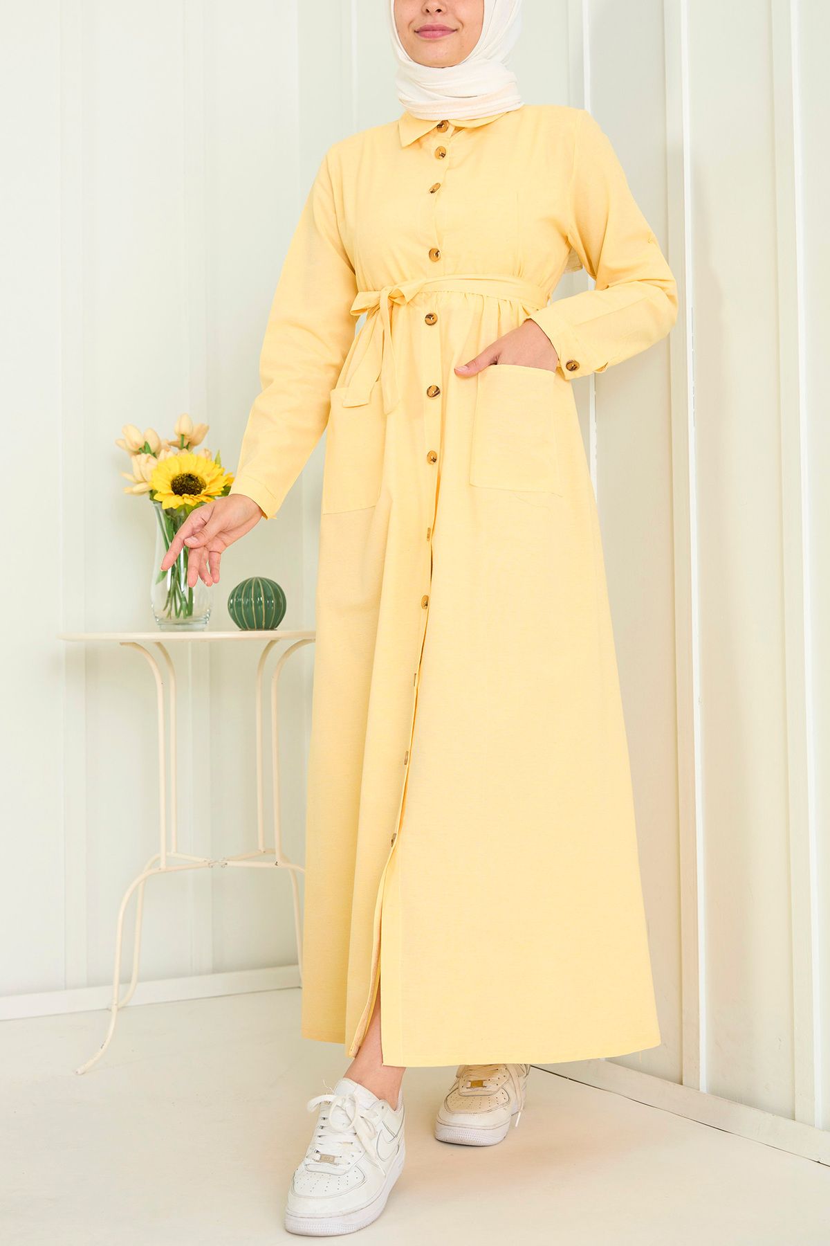 TOFİSA Düz Gömlek Yaka Kadın Sarı Elbise - 11425