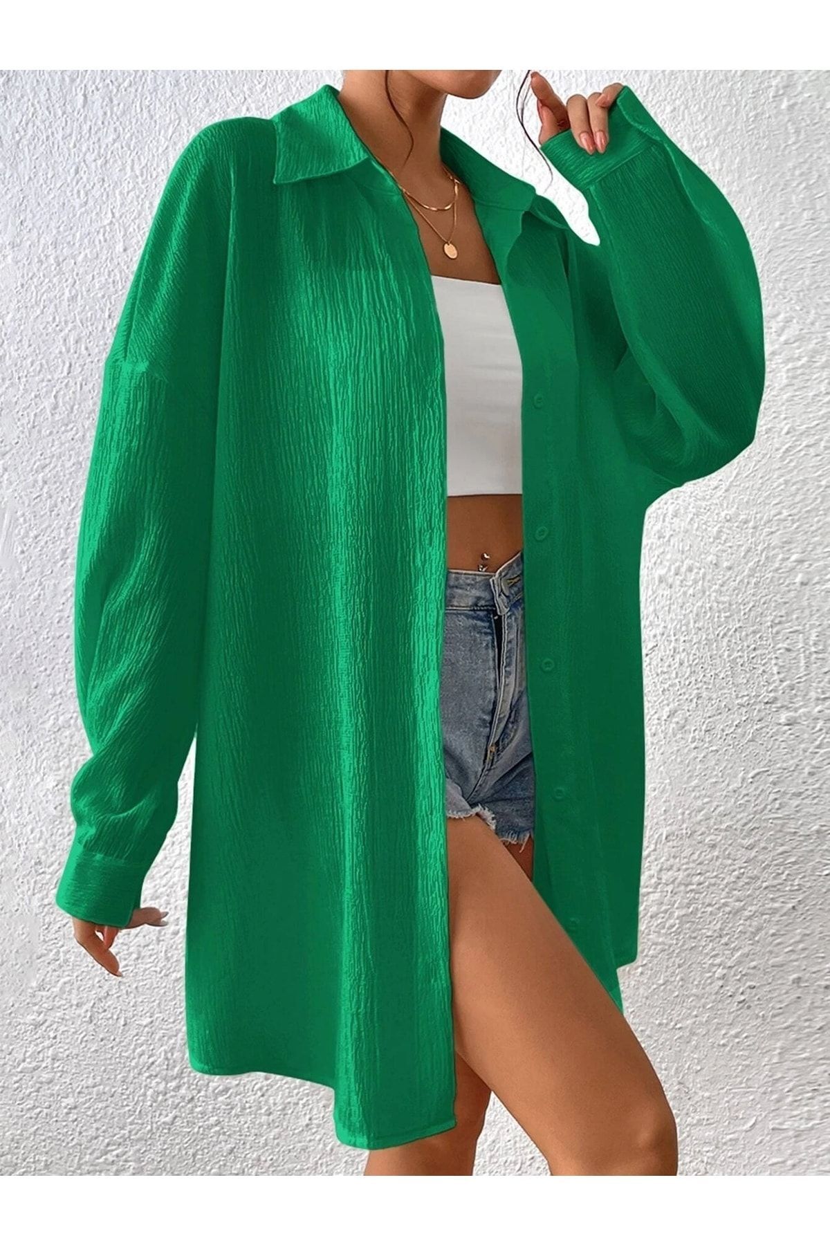 Know Kadın Yeşil Oversize Uzun Gömlek