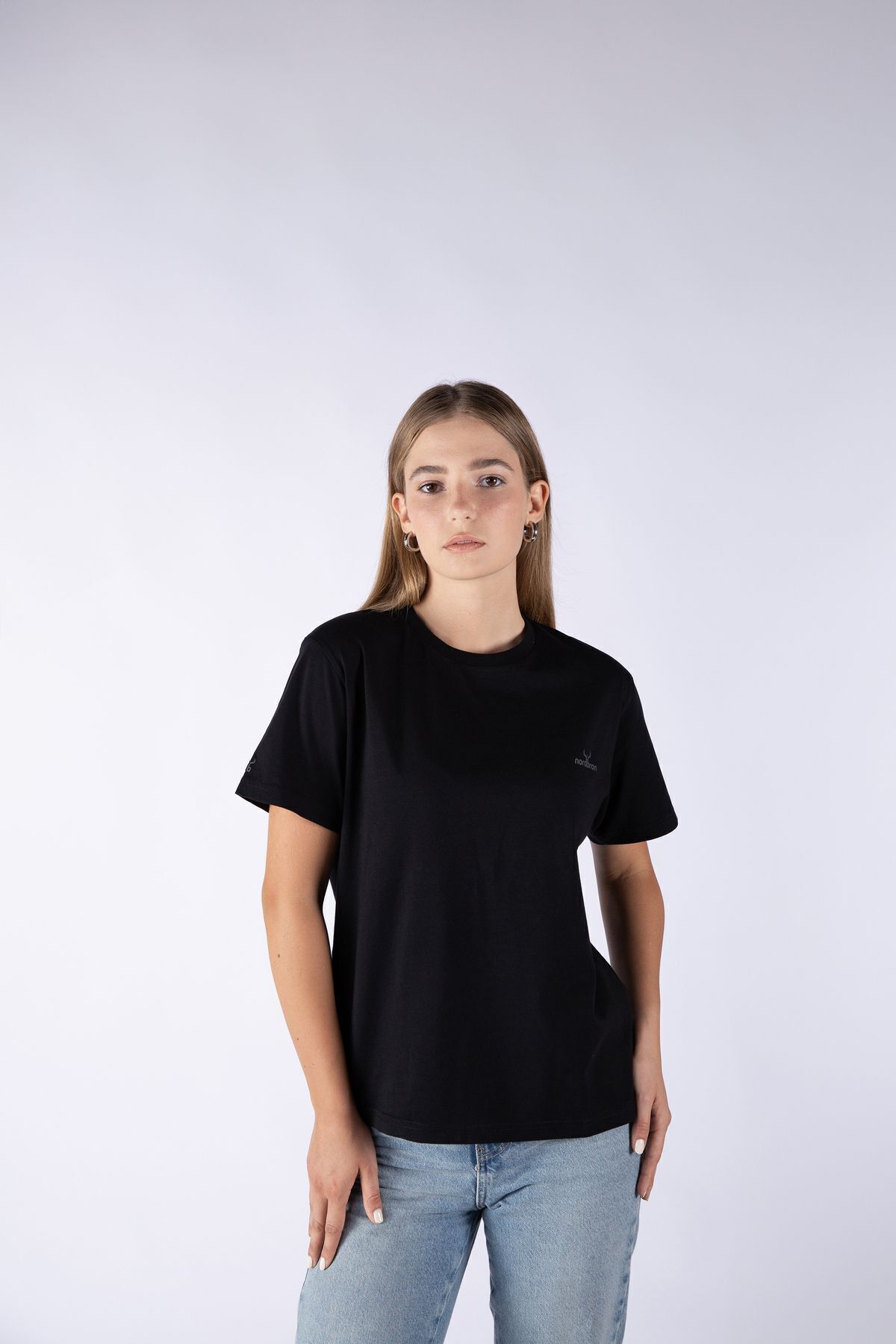 Nordbron Kadın Siyah %100 Pamuk Baskılı Basic Örme T-shirt Kısa Kollu Bisiklet Yaka Detaylı Günlük Fit