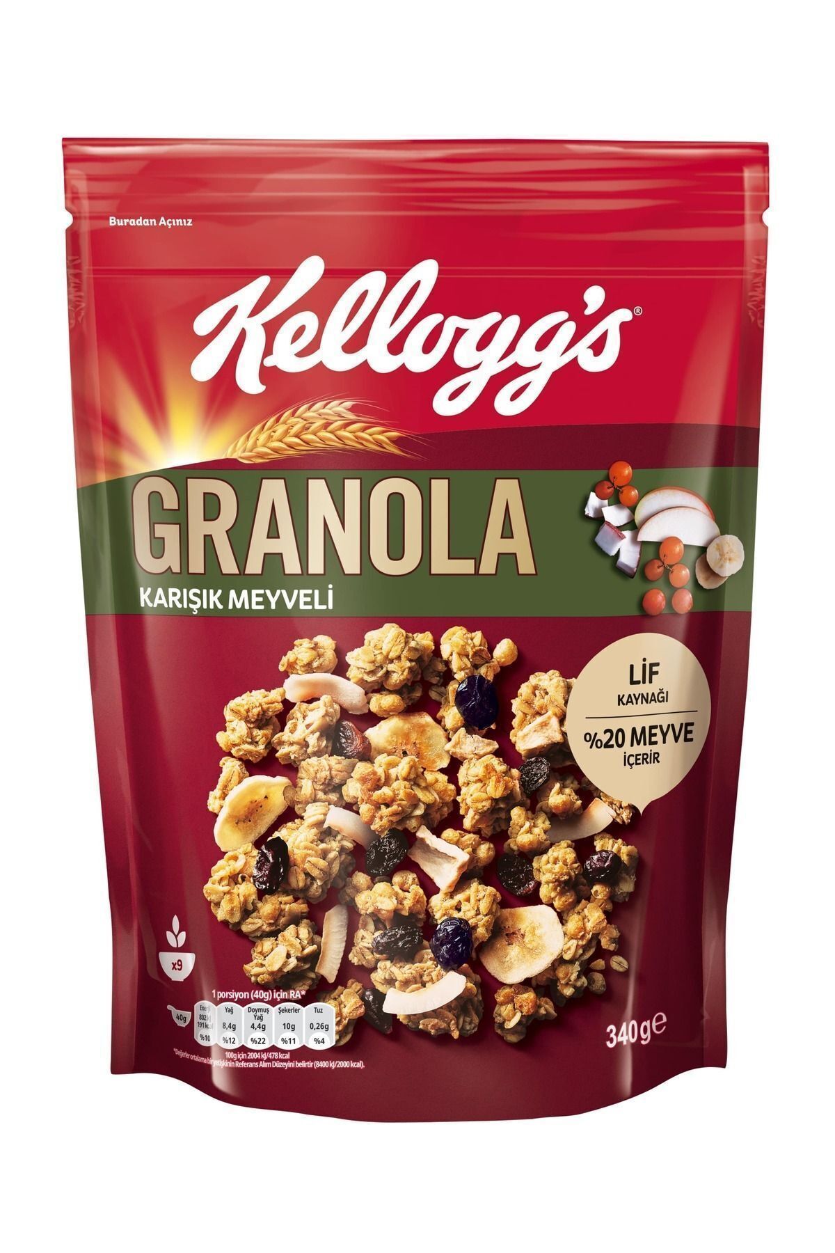 Kellogg's Karışık Meyveli Granola 340 Gr,%45 Yulaf Içerir,lif Kaynağı,%20 Kurutulmuş Meyve