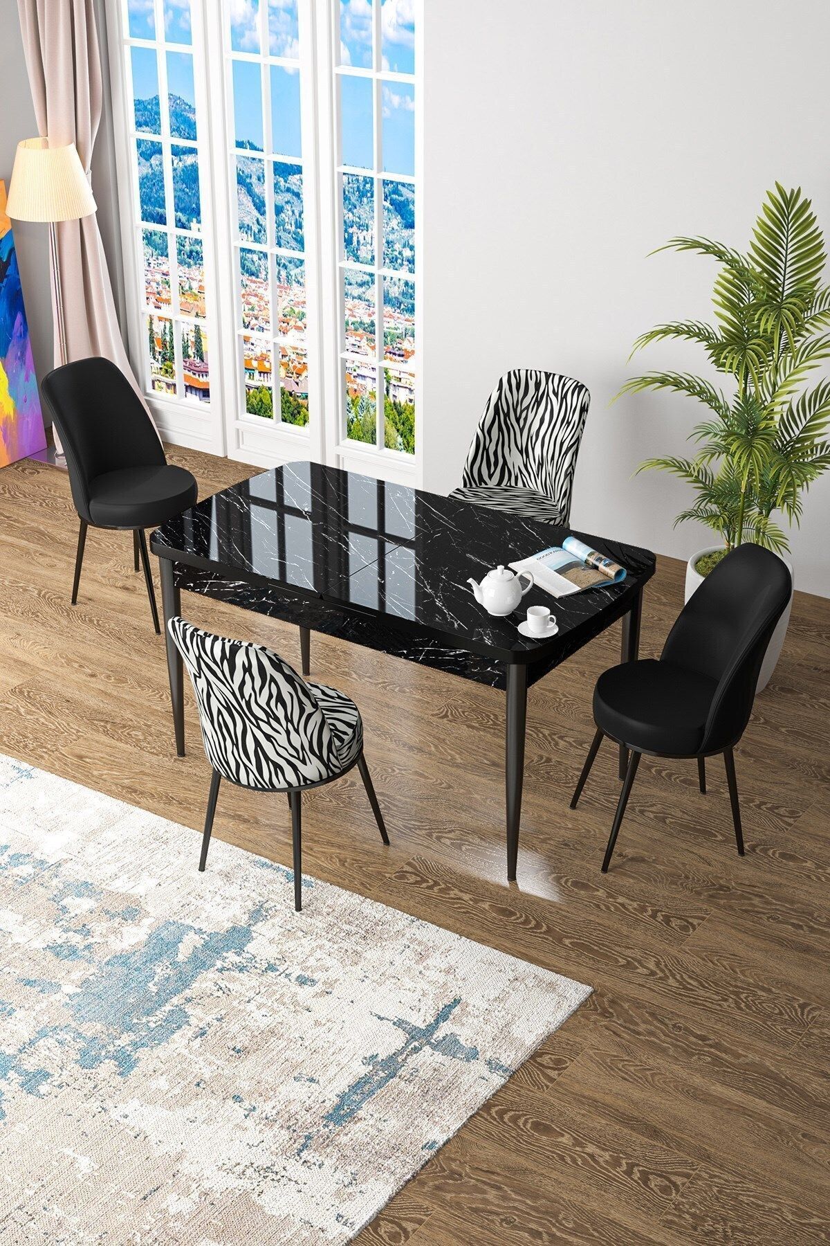Canisa Concept Via Serisi, Siyah Mermer Desen 80x132 Açılabilir Mutfak Masa Takımı, 4 Adet Zebra Desen Sandalye