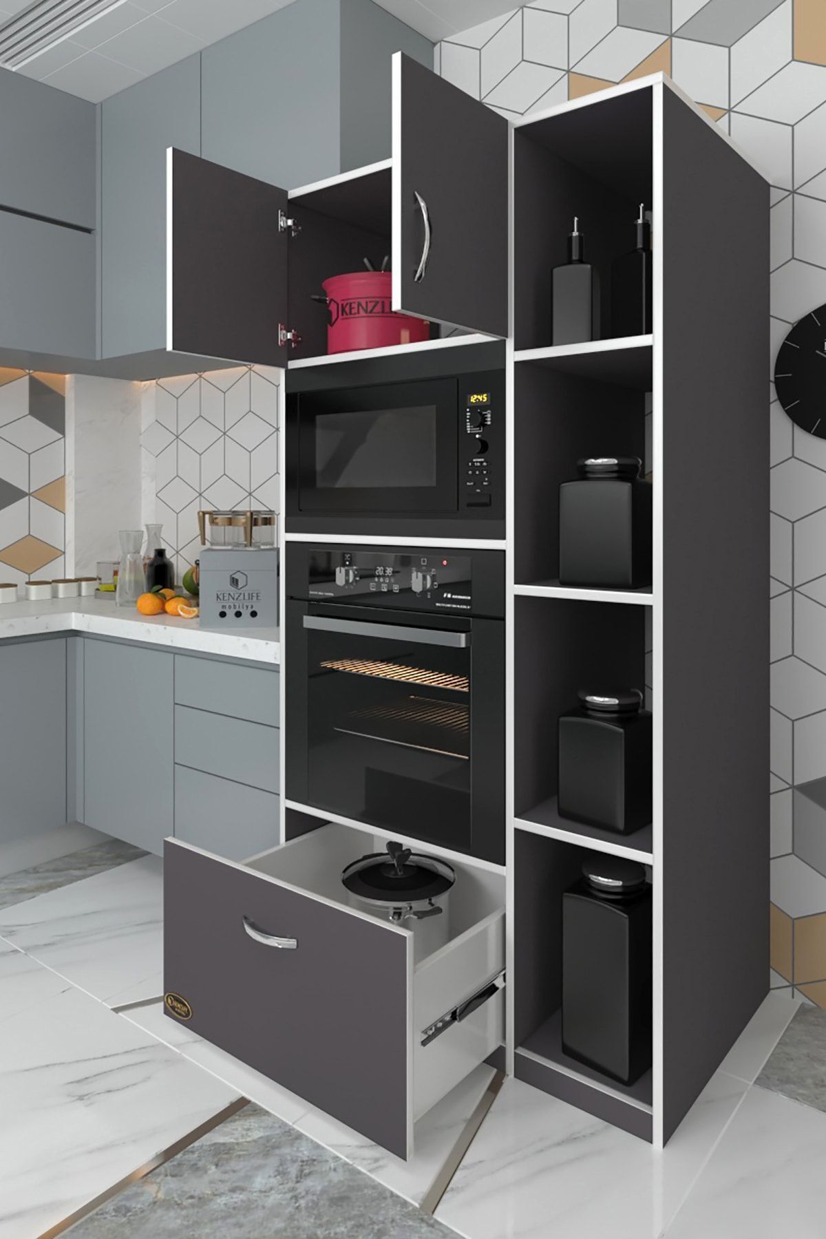 Kenzlife Fırın Dolabı Makbule Gri 180*90*56 Mutfak Çekmeceli Ayaklı Banyo Kiler Ofis