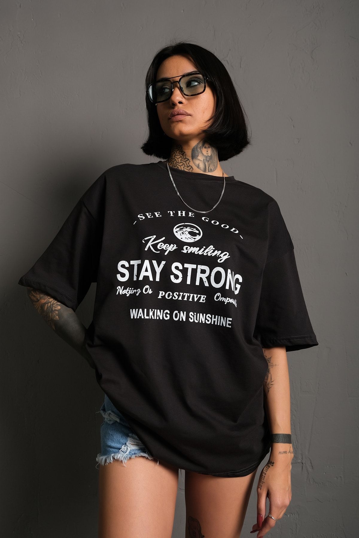Know Kadın Füme Stay Strong Baskılı Oversize T-shirt