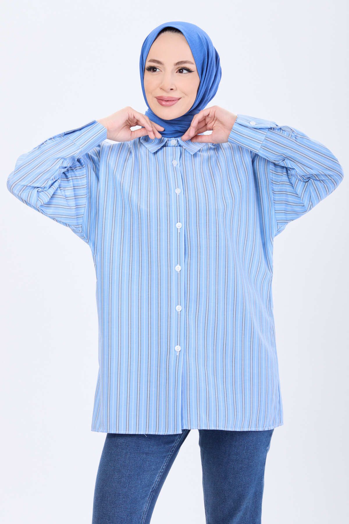 TOFİSA Düz Gömlek Yaka Kadın Mavi Gömlek - 24166