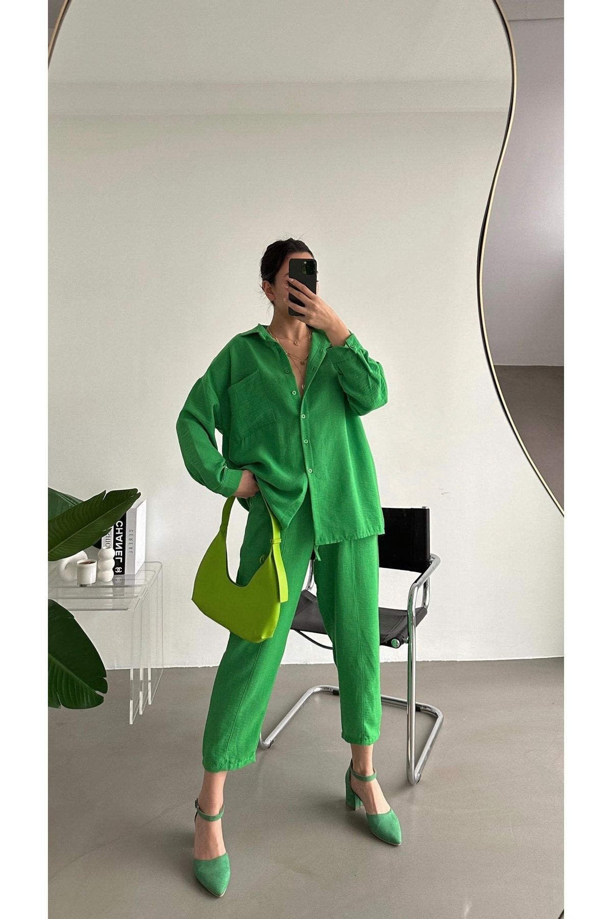 BEJNA Kadın Yeşil Oversize Keten Gömlek Pantolon Alt Üst Takım