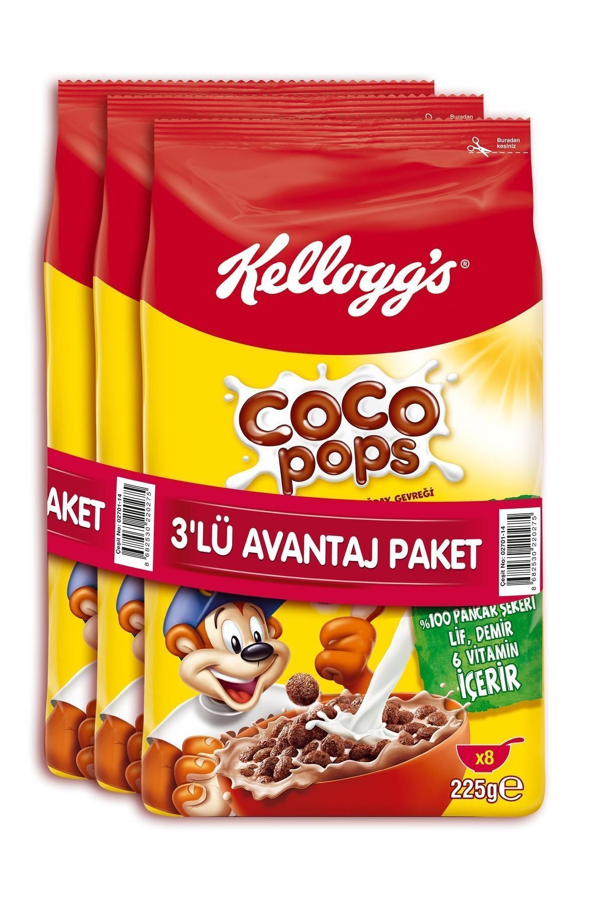 Kellogg's Coco Pops Çikolatalı Buğday Ve Mısır Gevreği 225gr X 3 Adet, Lif Kaynağı, Demir Ve 6 Vitamin