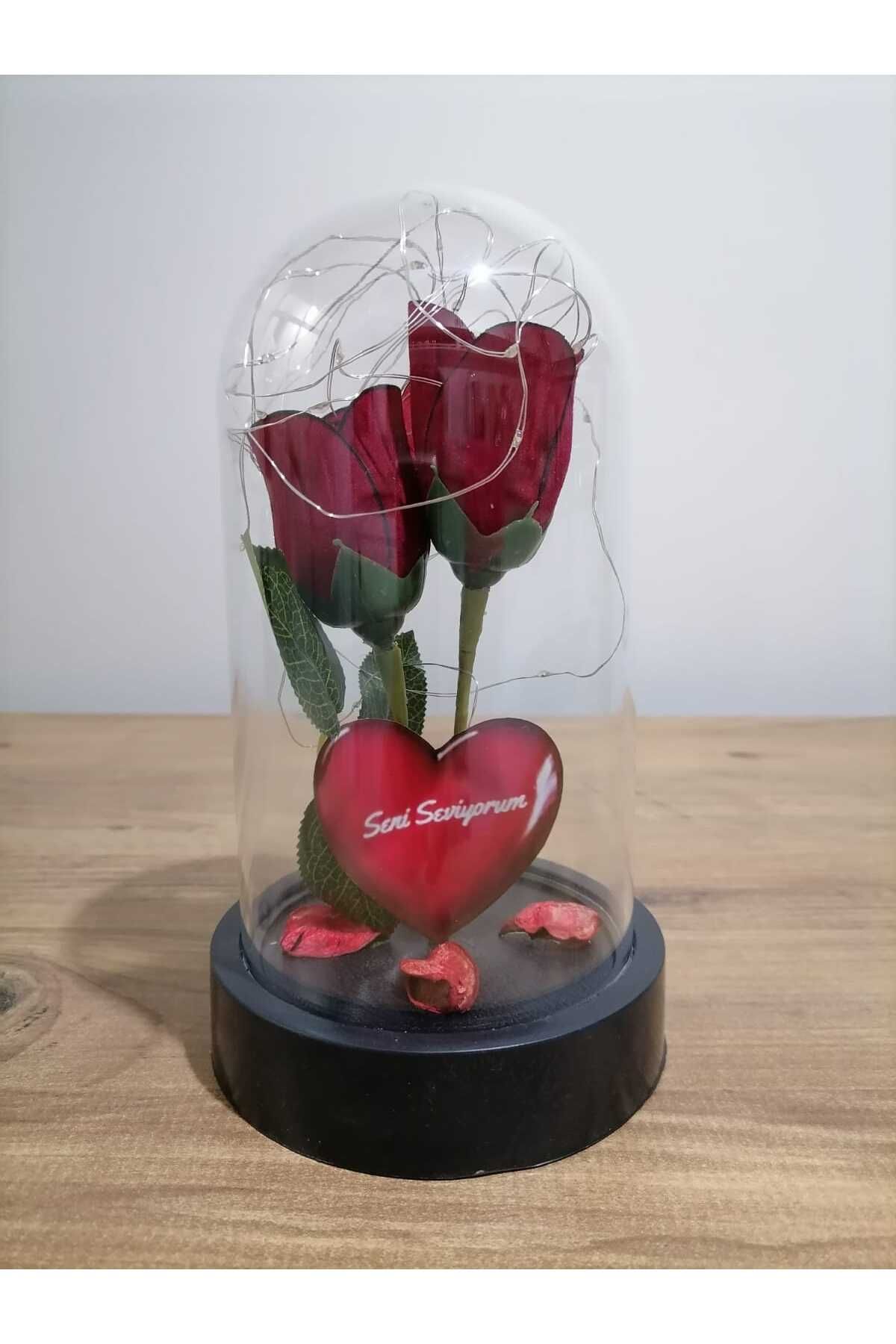 Piyan Kırmızı Gül Çiçek Kalpli Işıklı Fanus Dekoratif Sevgiliye Anneler Gününe Özel Hediye Canım Annem