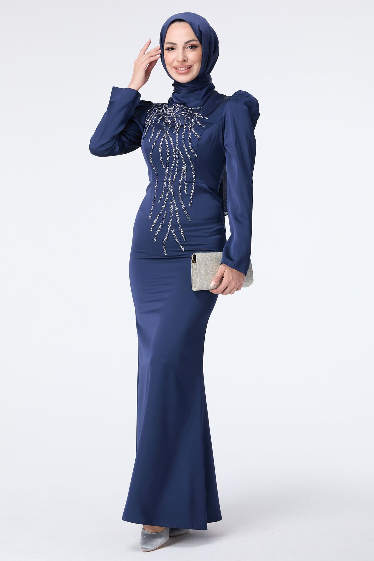 TOFİSA Düz Hakim Yaka Kadın Lacivert Abiye Elbise - 23681